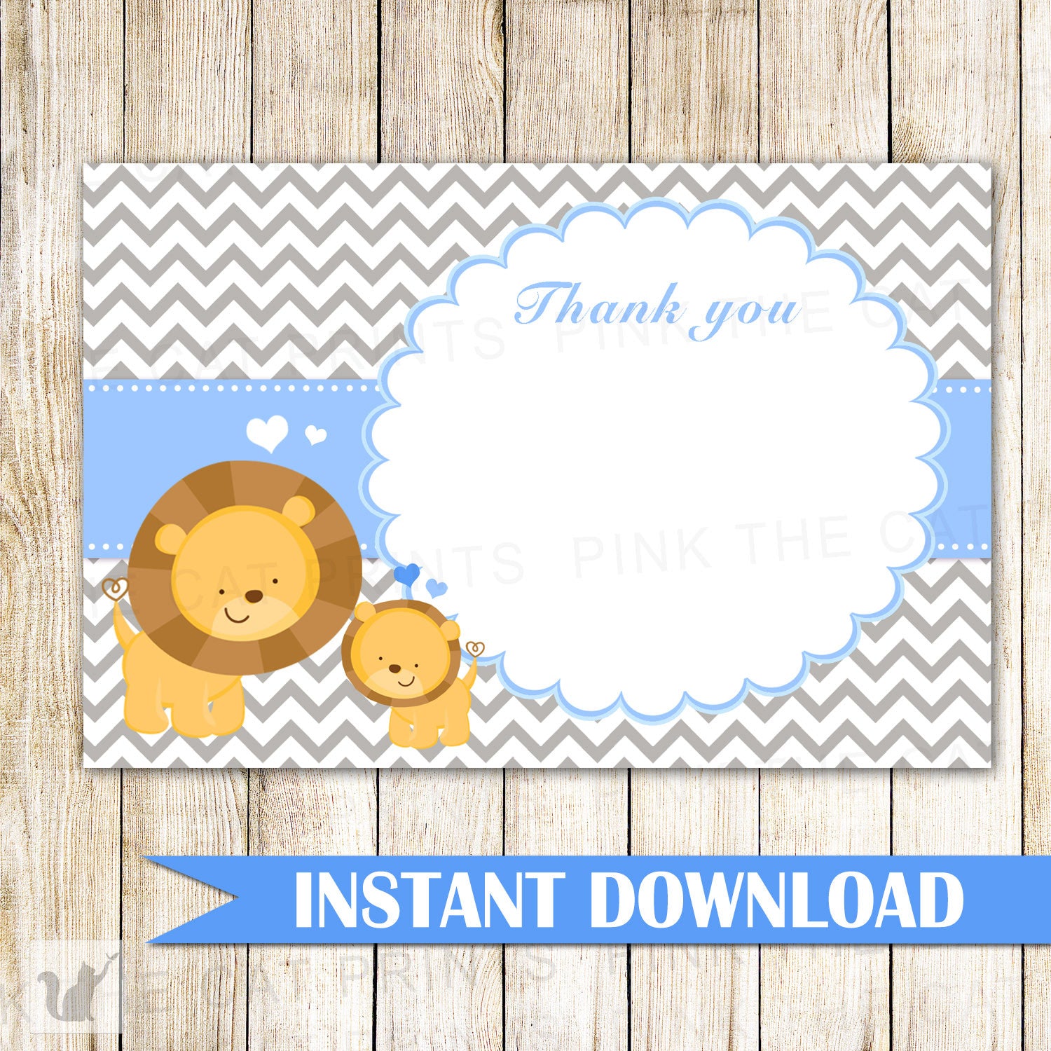 Lion Cub Blank Thank You Card Note Blue