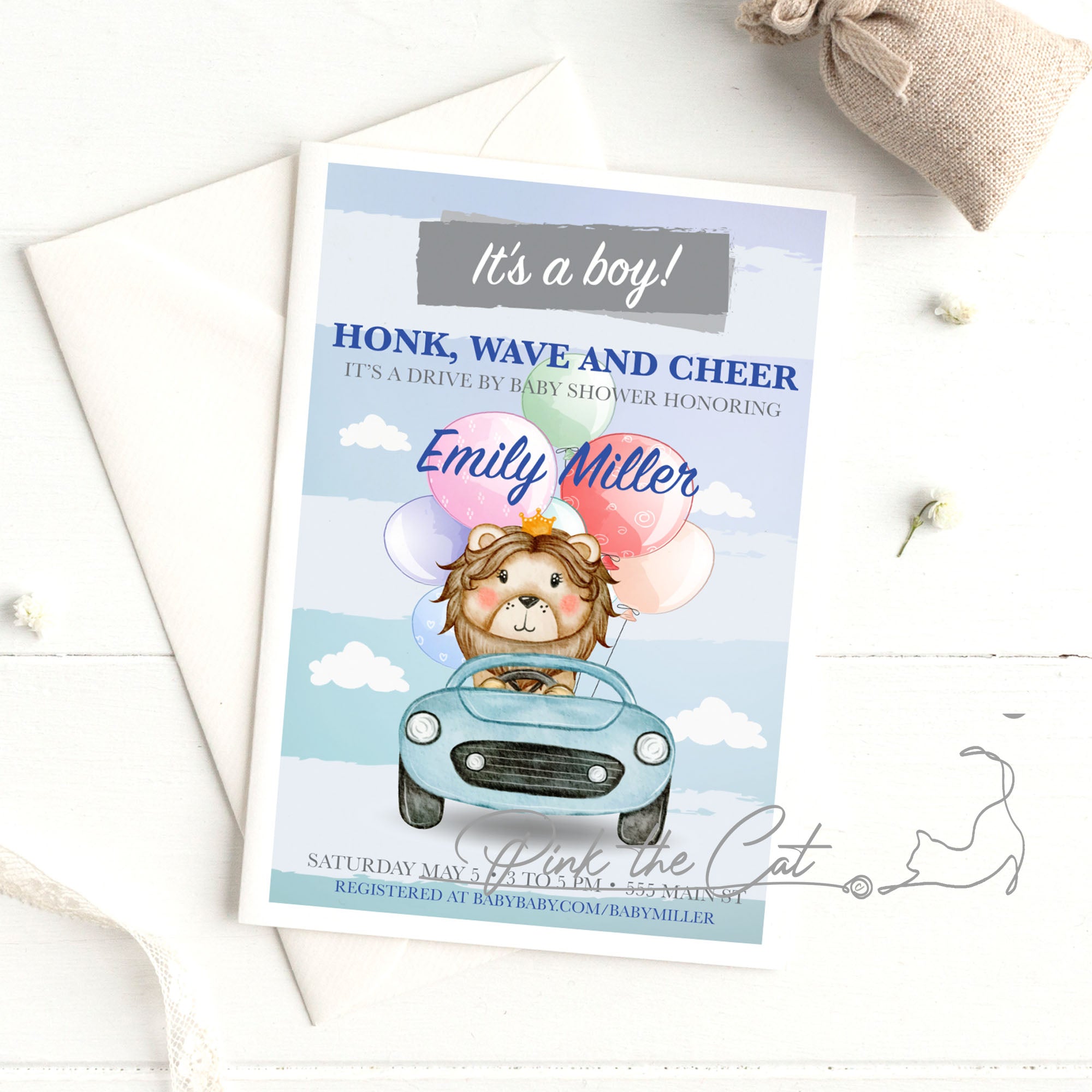 Drive by lion prince baby shower invitation