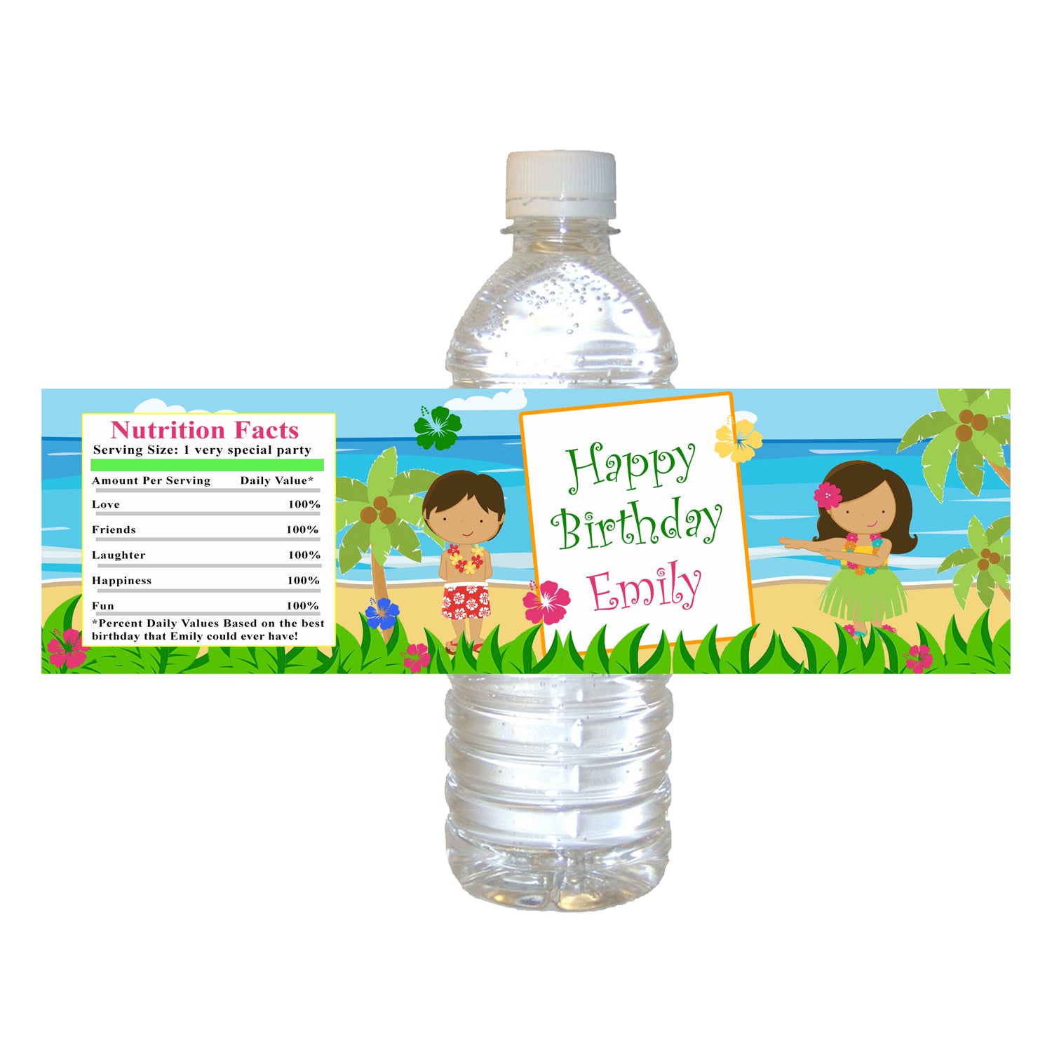 30 bottle labels kids birthday hawaiian luau personalized