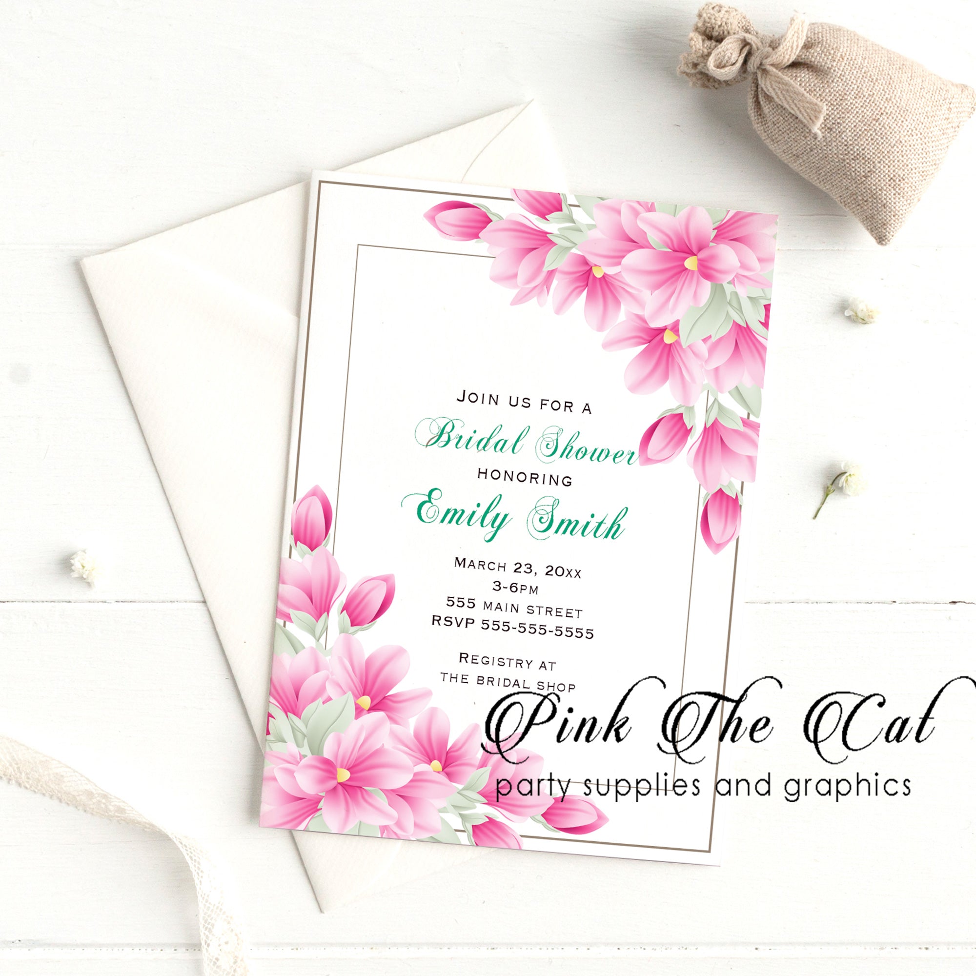 Floral pink magnolias invitations bridal wedding shower printable