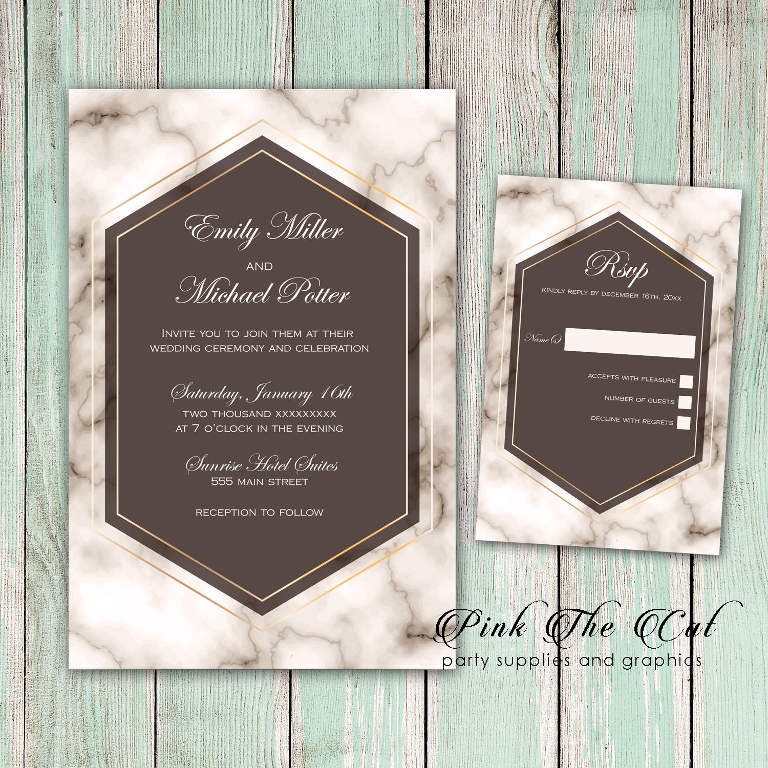 Marble Wedding Invitations & RSVP Cards Brown Printable