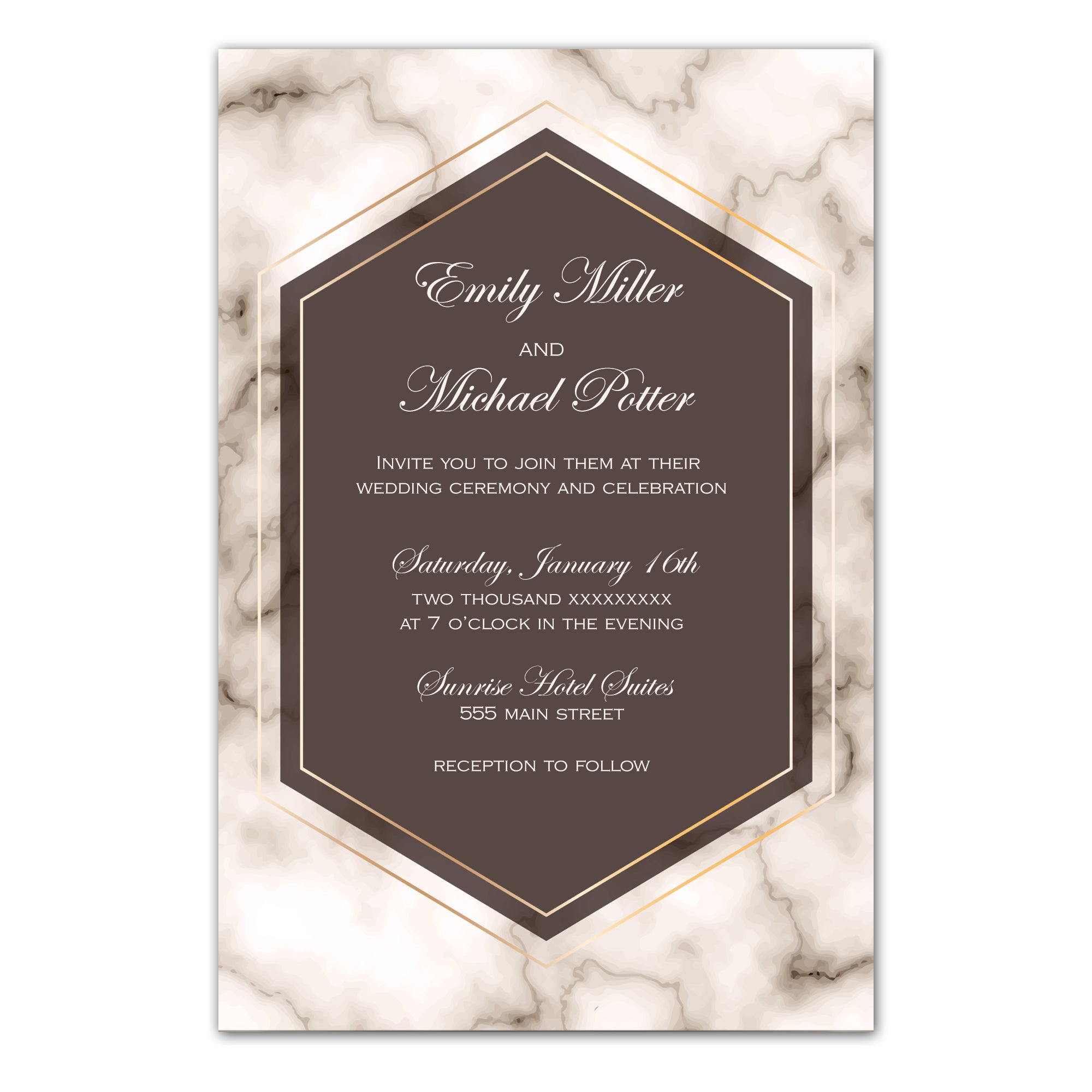 Marble Wedding Invitations Cards Brown Rose Gold Printable
