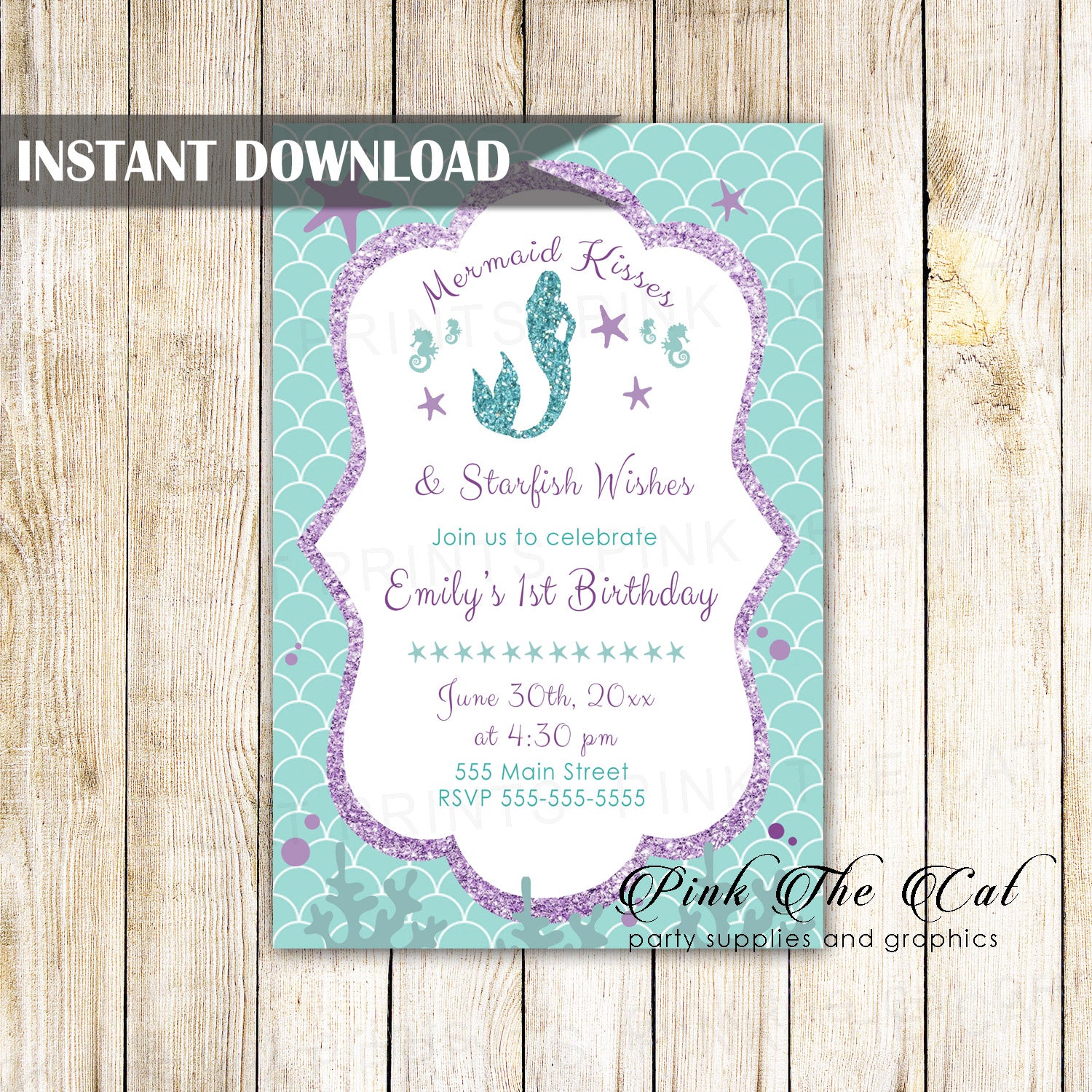 Mermaid girl birthday invitation purple teal glitter printable