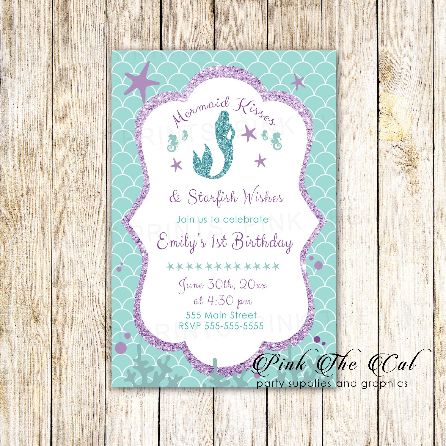 30 Mermaid girl birthday invitations purple teal glitter
