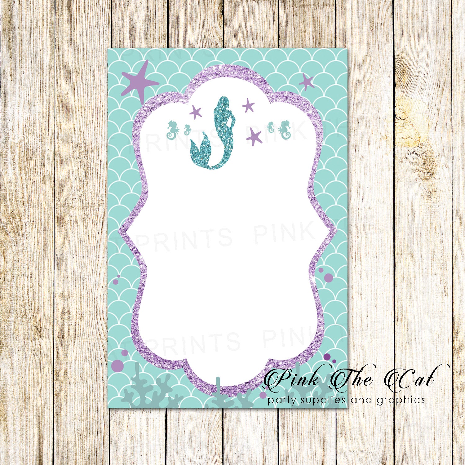 Mermaid purple teal invitation thank you card blank printable