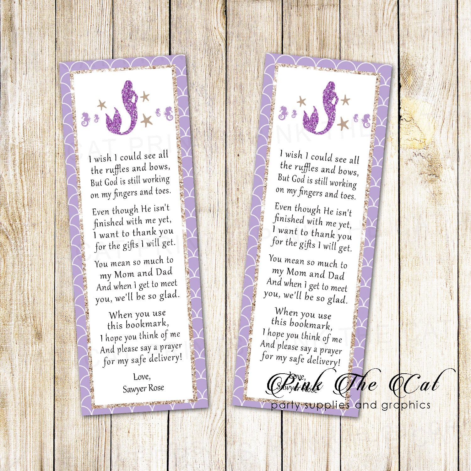 Bookmarks mermaid baby shower favor purple gold printable