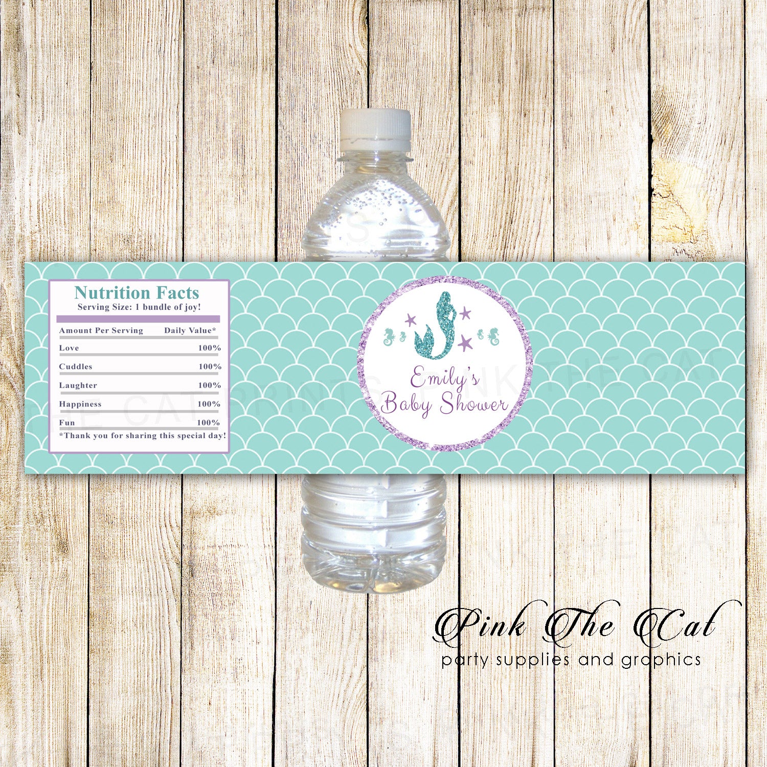 Mermaid bottle label purple teal baby shower printable