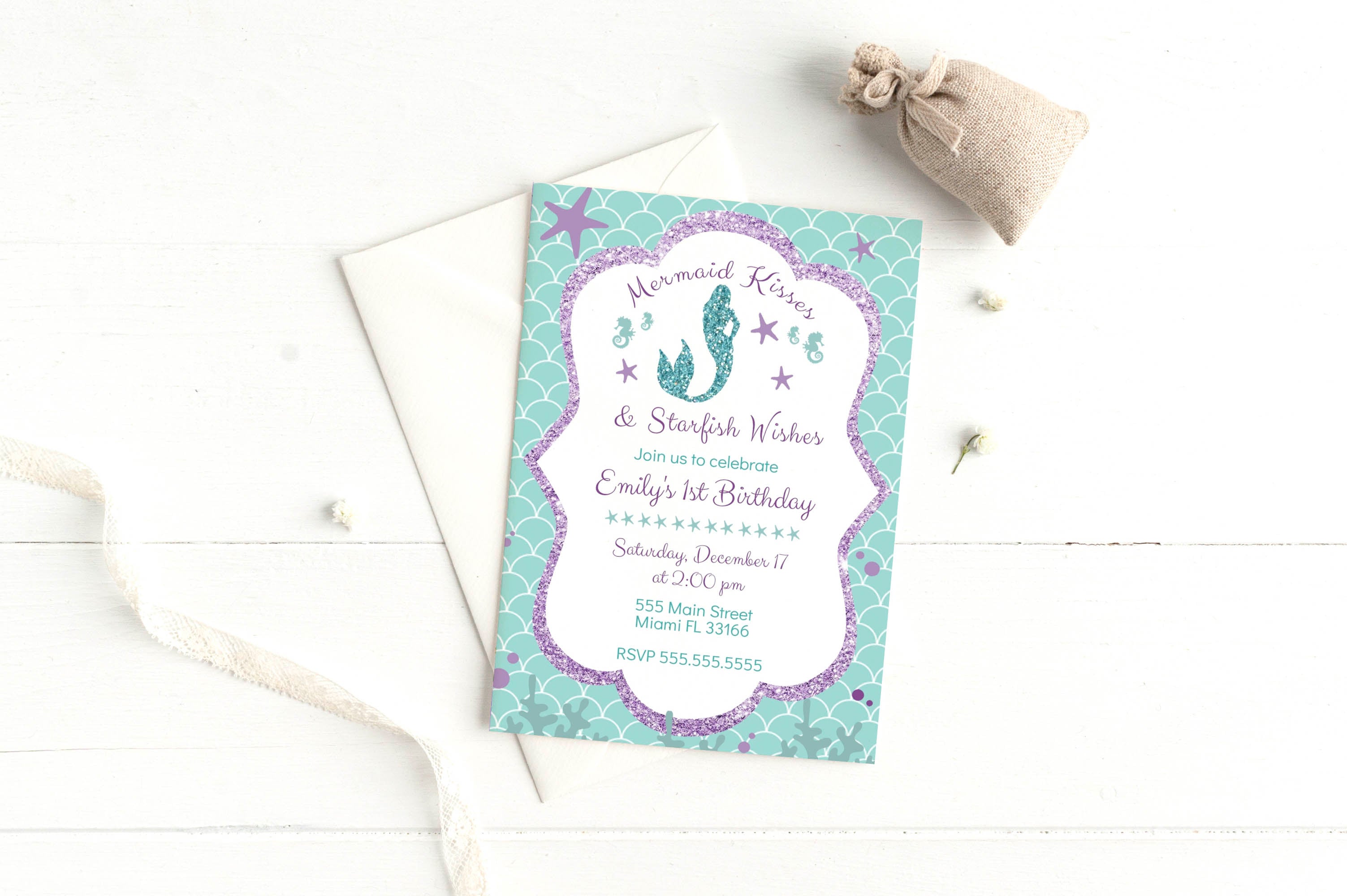 Mermaid girl birthday invitation purple teal glitter printable