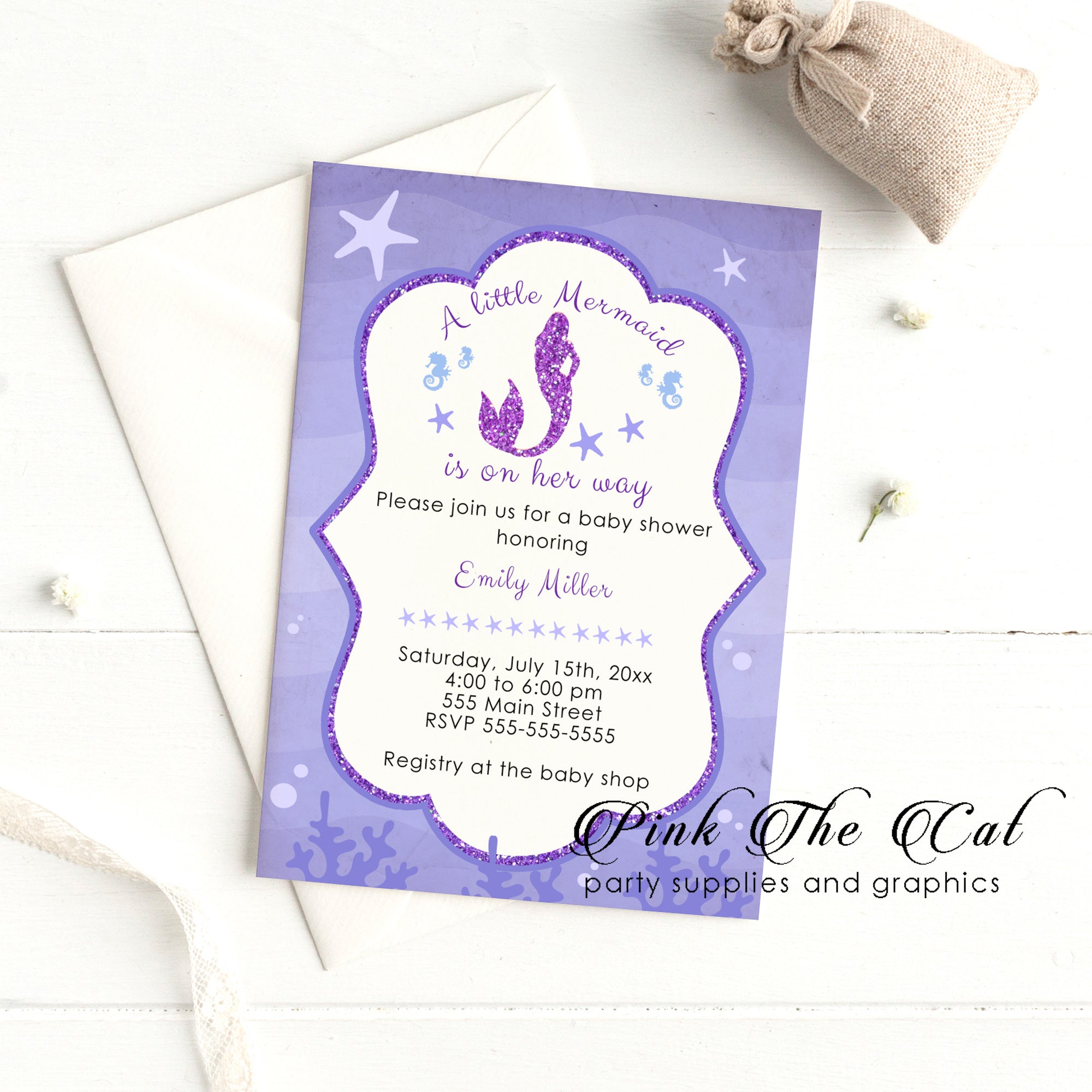 30 Purple lavender glitter mermaid invitations girl birthday baby shower