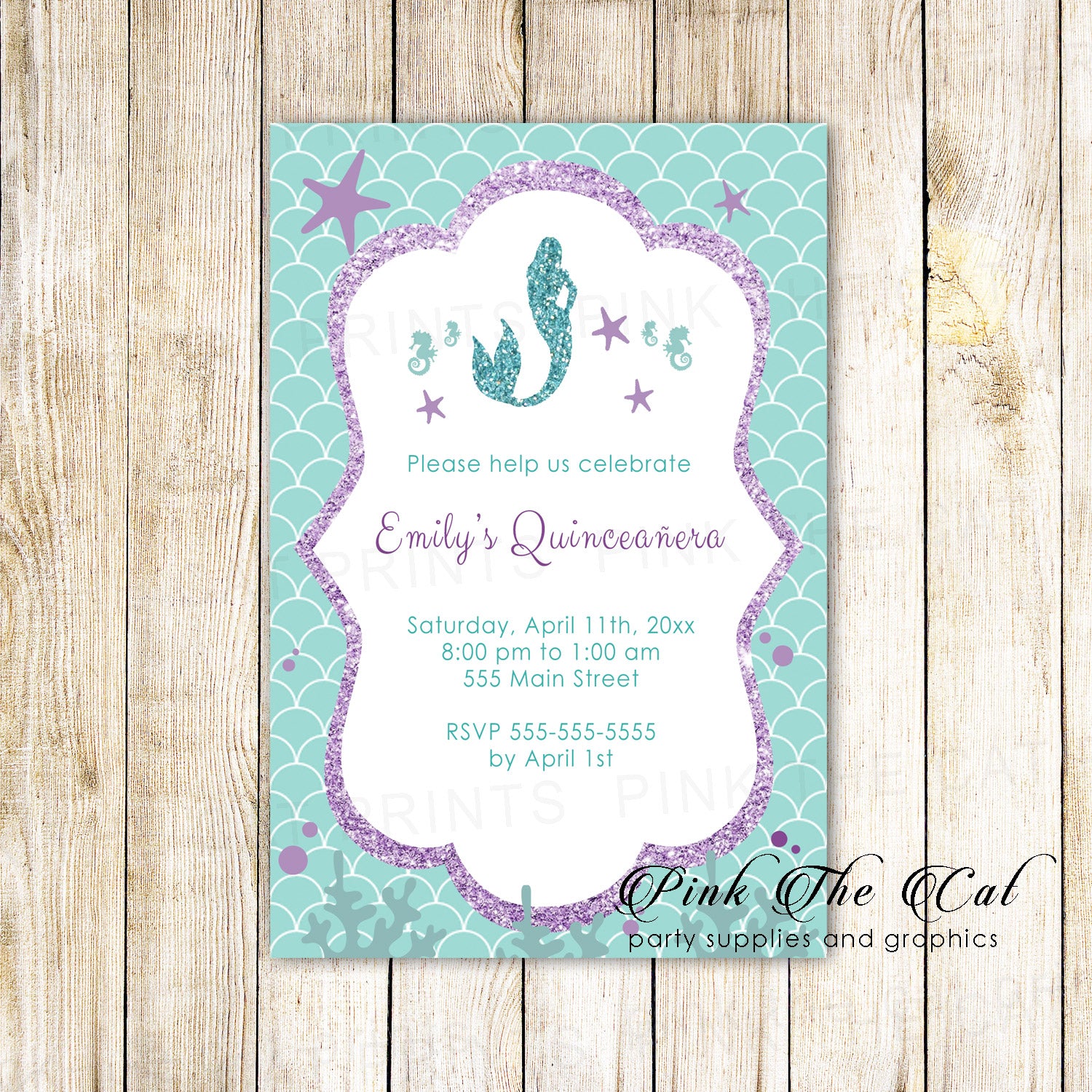 Mermaid quinceañera birthday invitation purple teal glitter printable