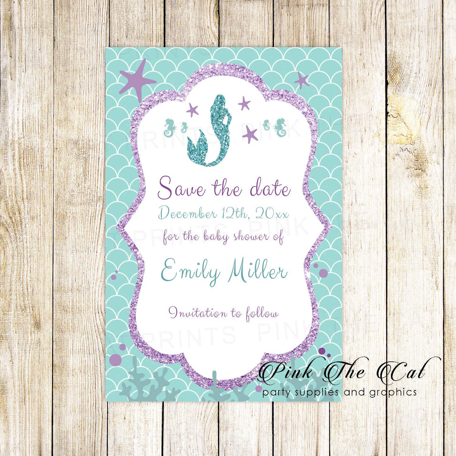 Save the date cards mermaid baby shower teal purple printable
