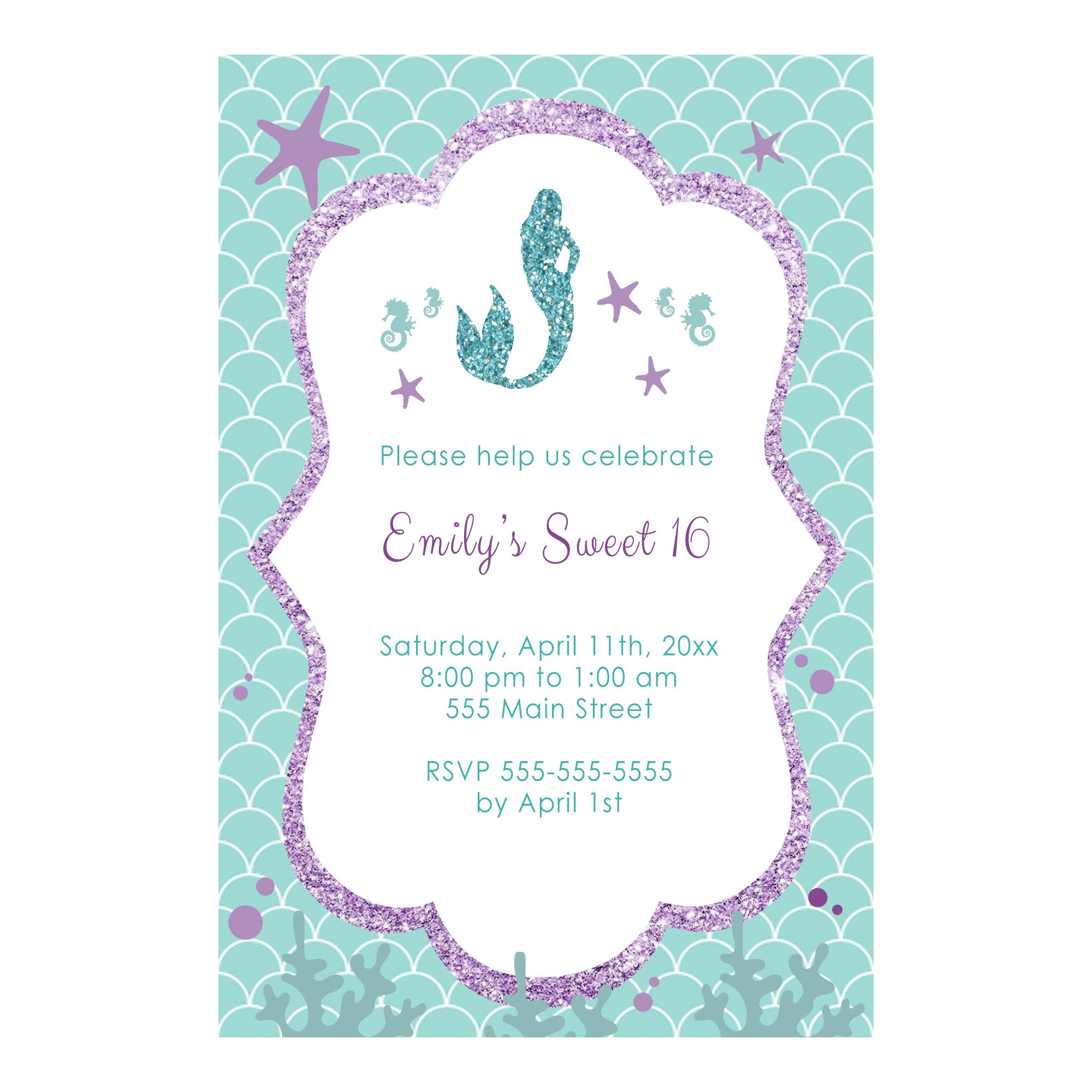 Mermaid sweet 16 birthday invitation purple teal printable
