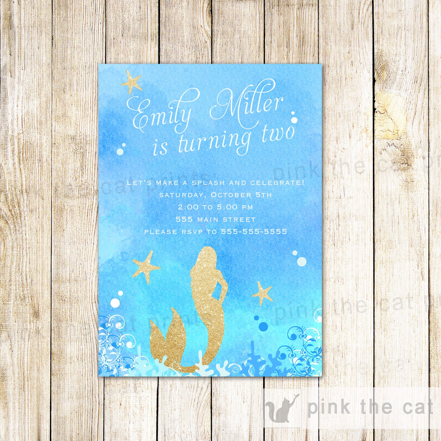Watercolor Mermaid Invitation Birthday Baby Girl Shower Gold Glitter