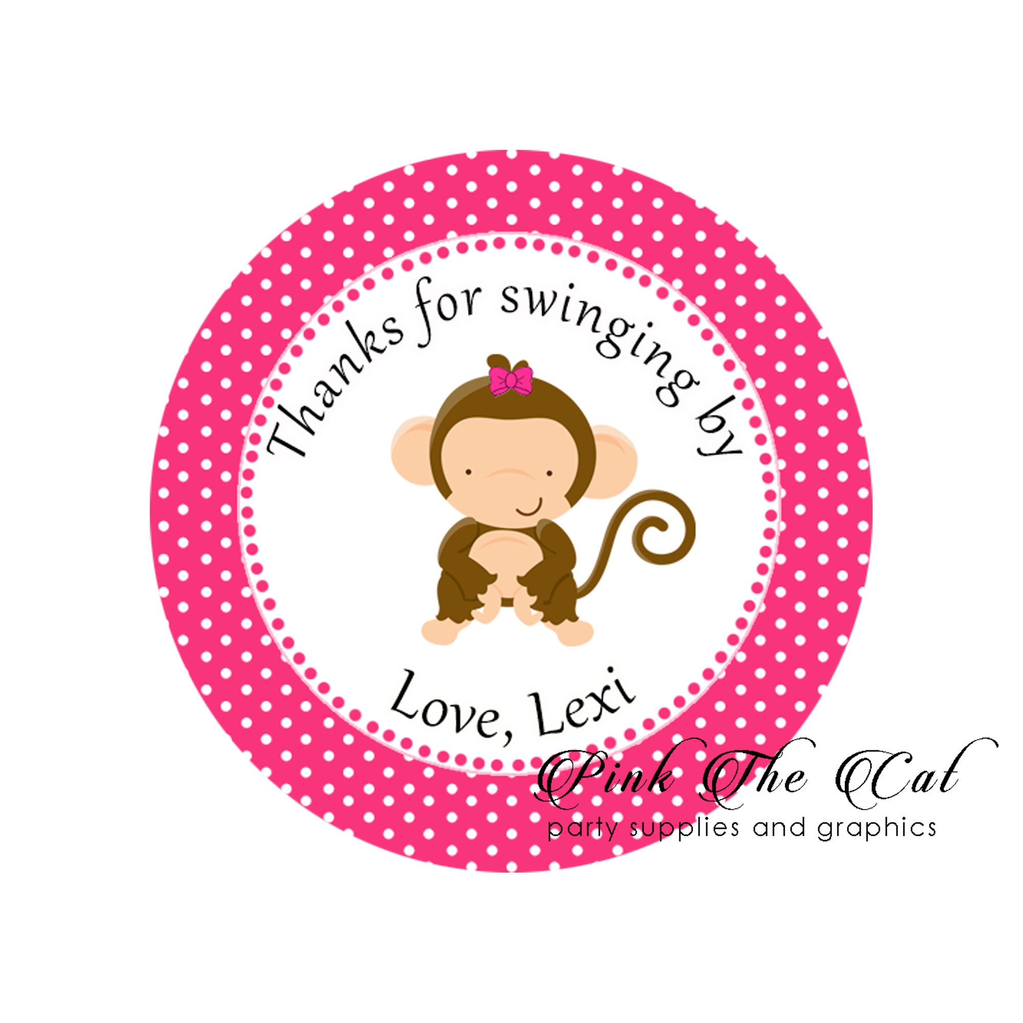 70 Pink monkey stickers birthday baby shower personalized