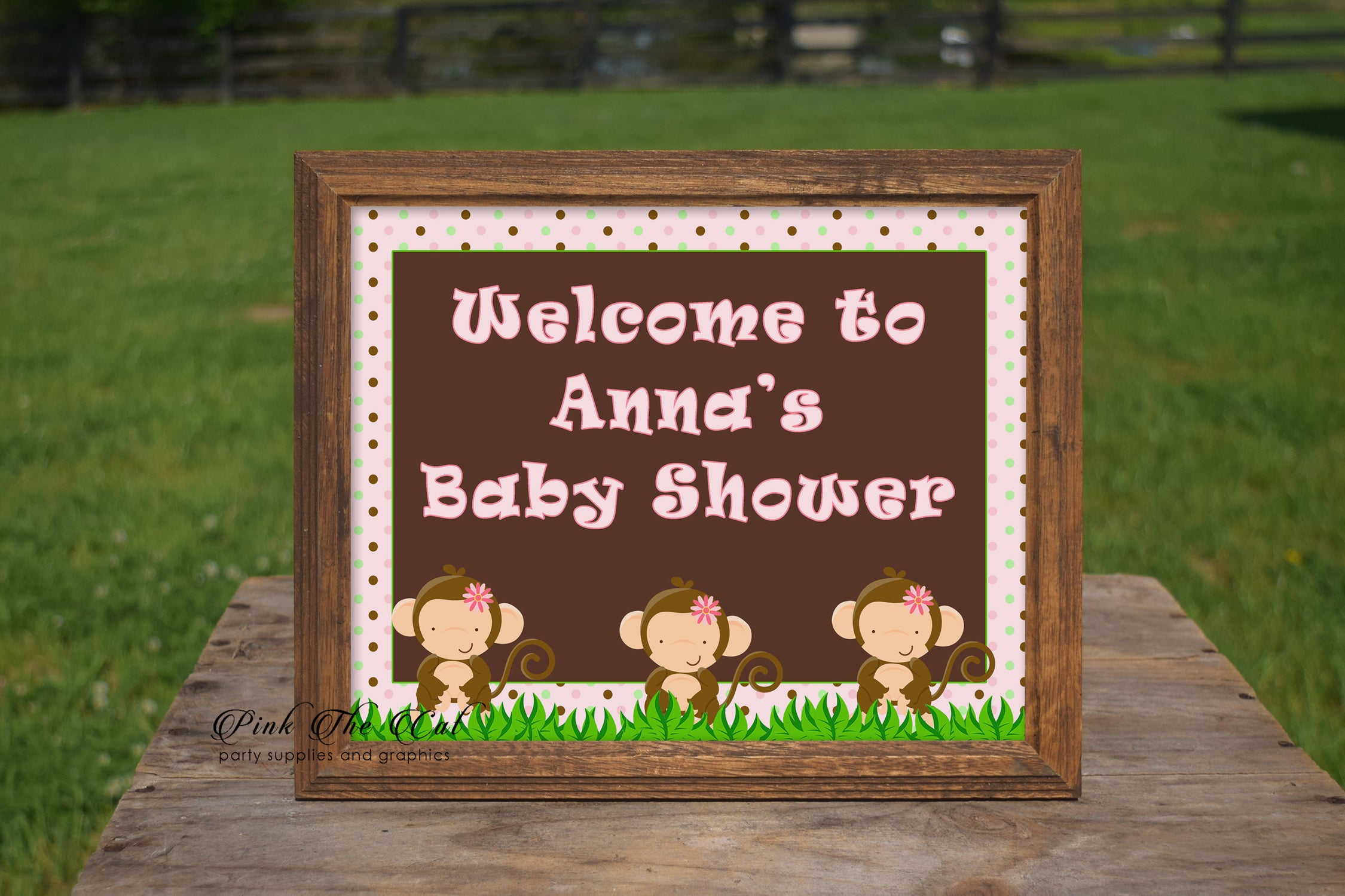 Monkey welcome sign baby shower pink brown printable