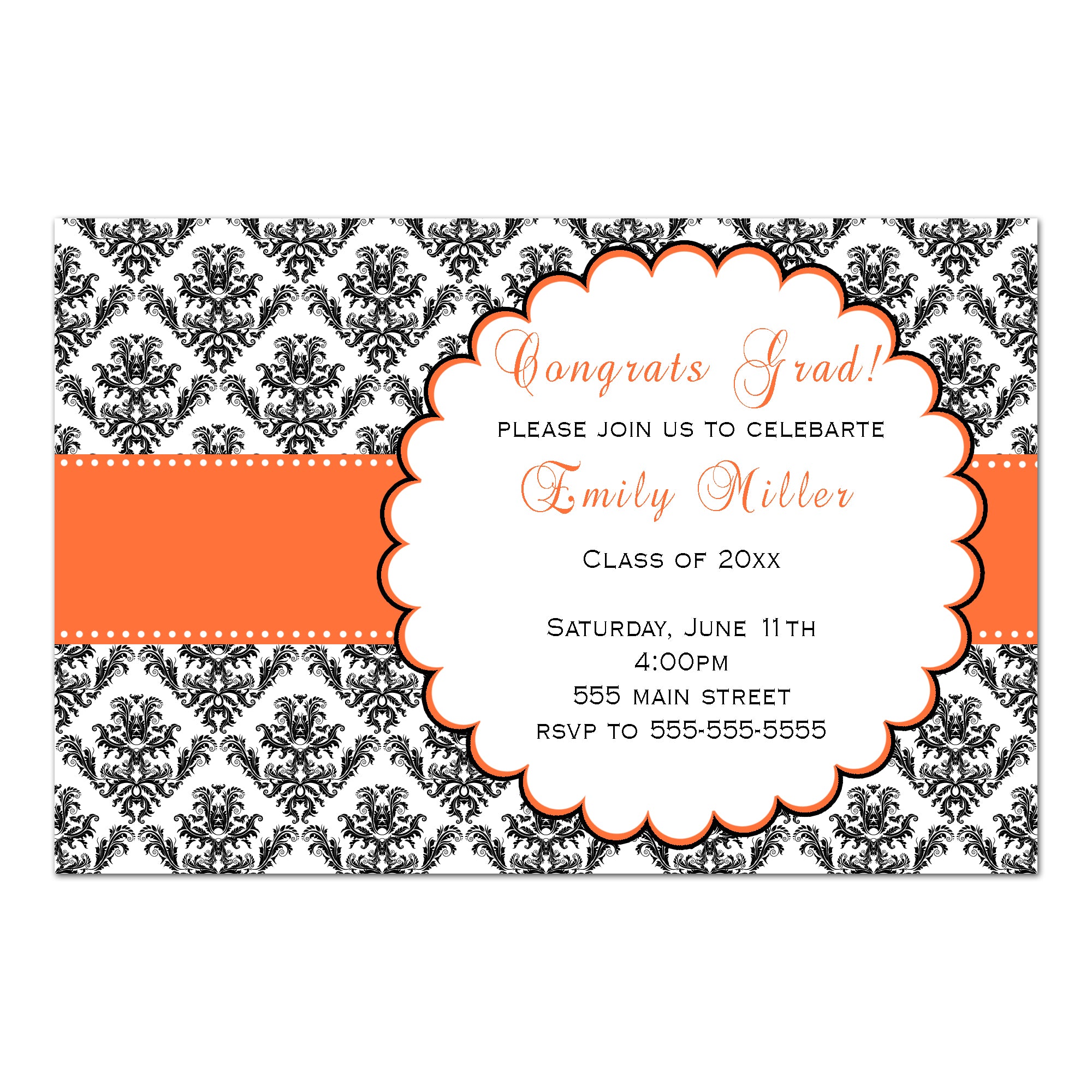30 graduation invitations orange ribbon black damask