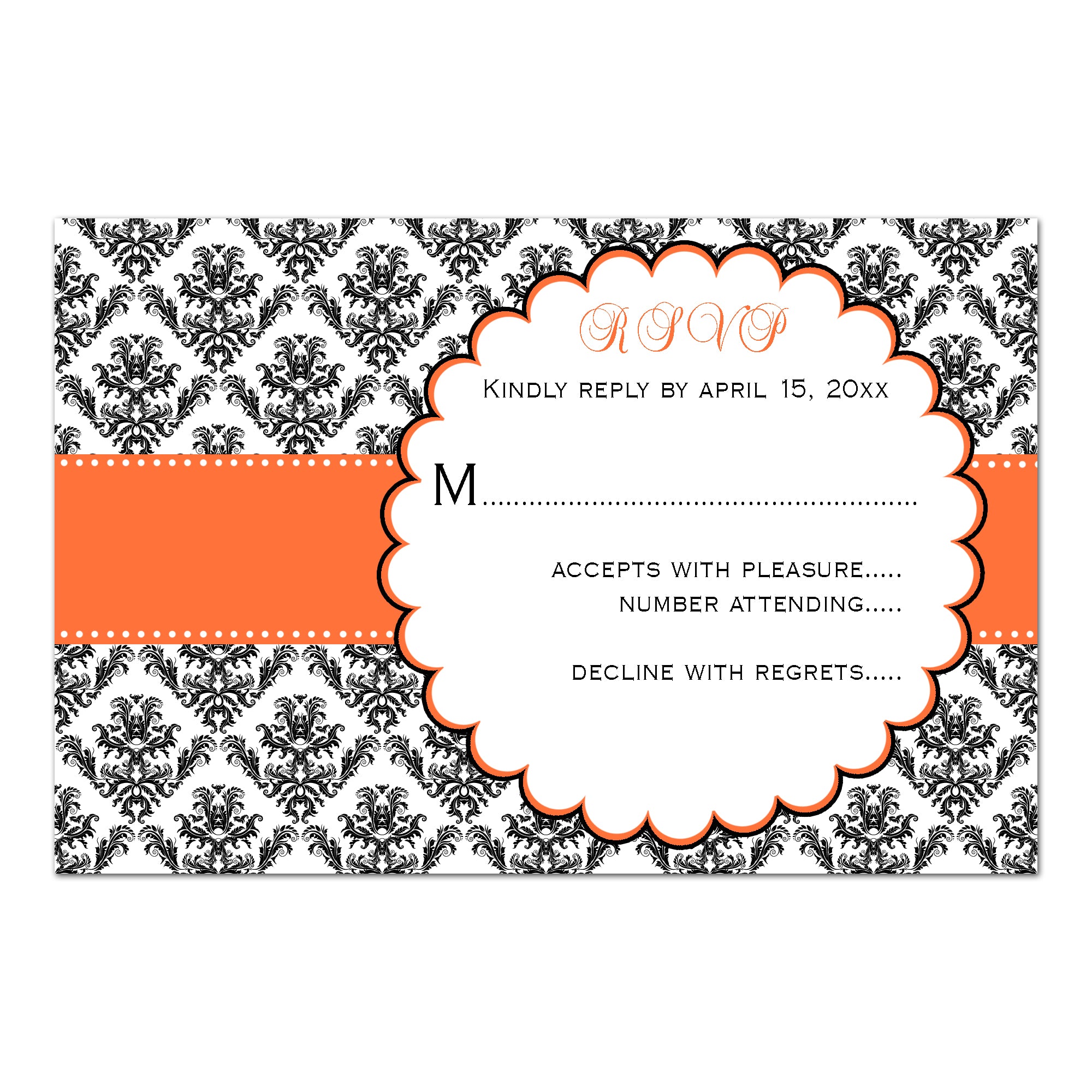Wedding invitations orange black damask & RSVP card printable
