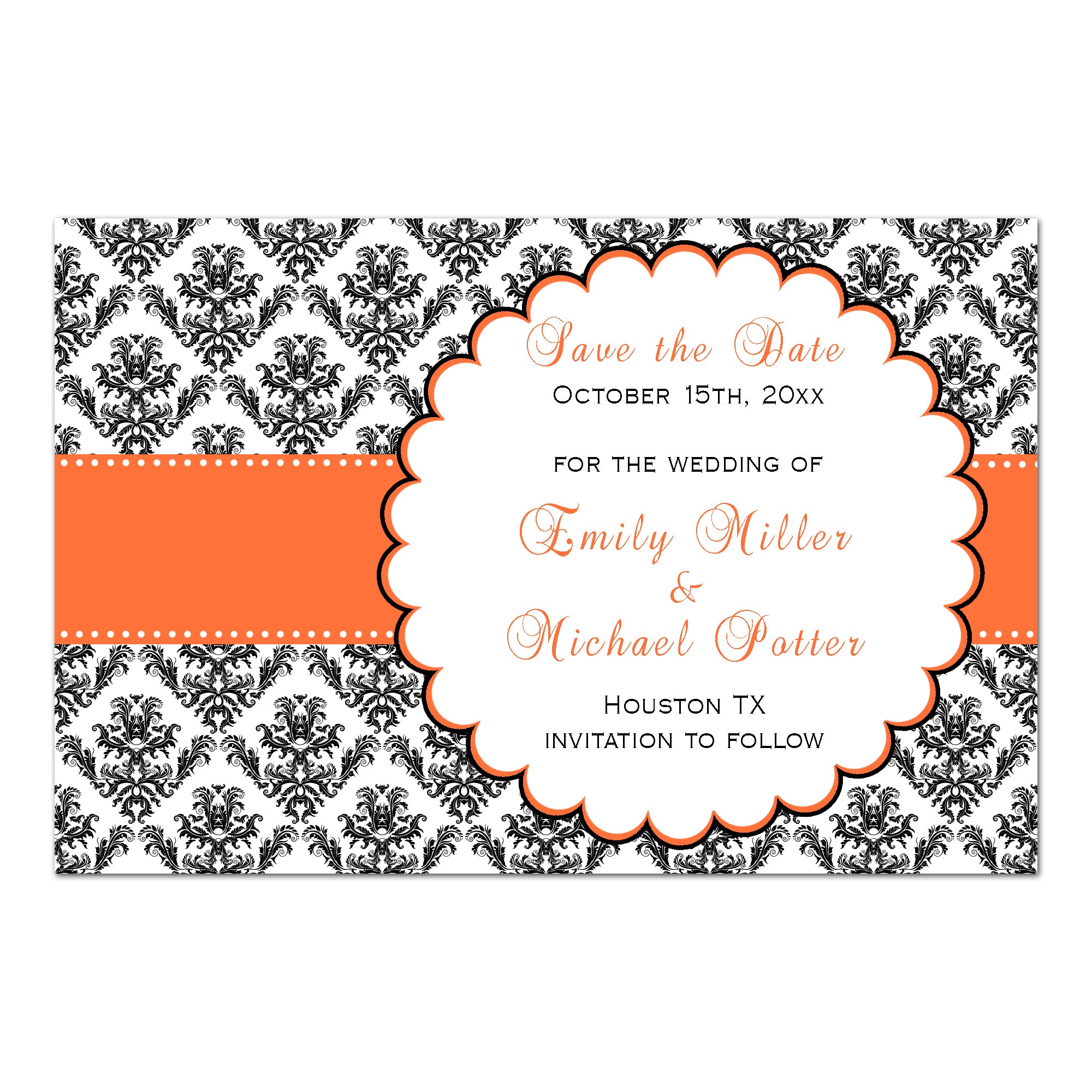Save the date cards orange ribbon black damask printable