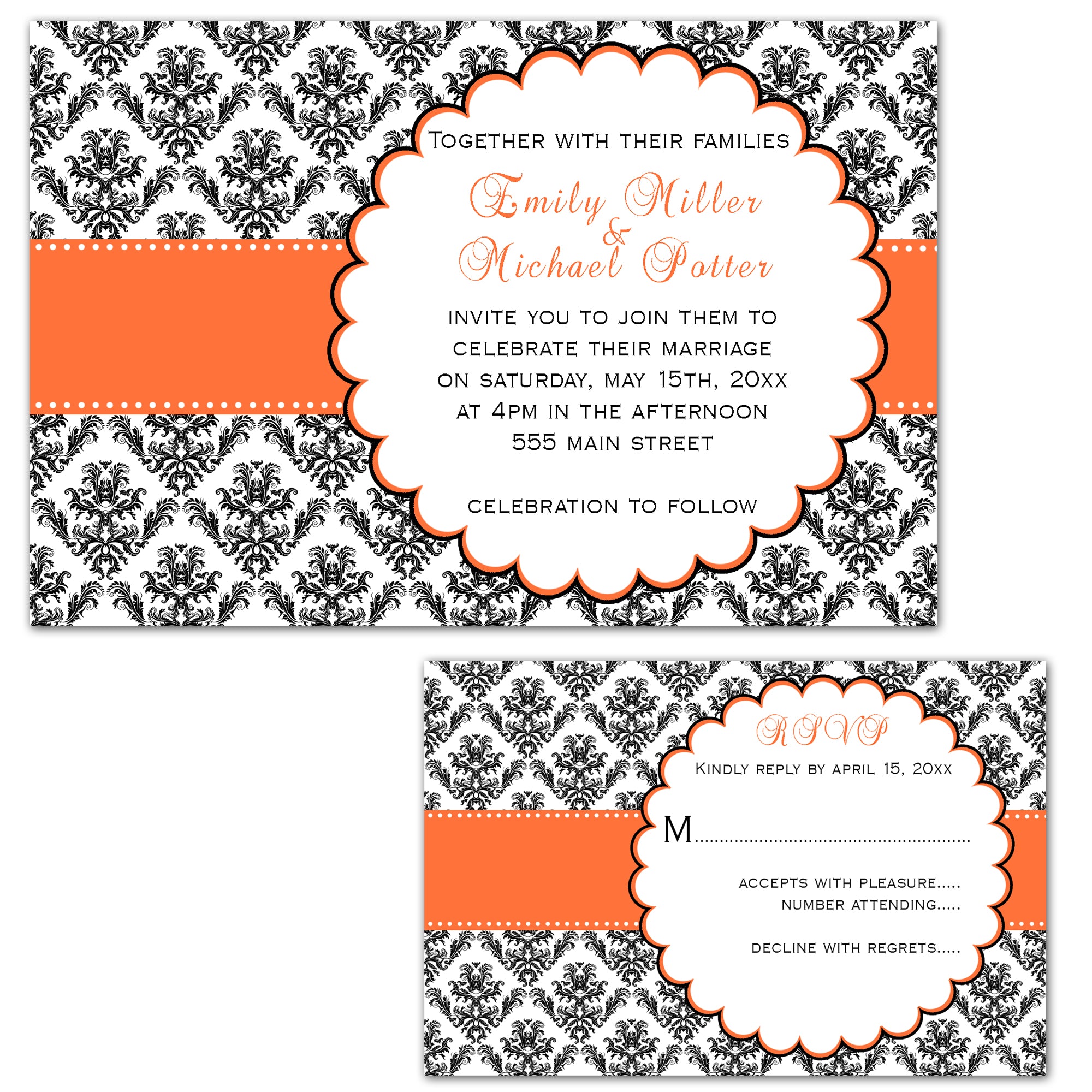 100 wedding invitations orange black damask & RSVP cards