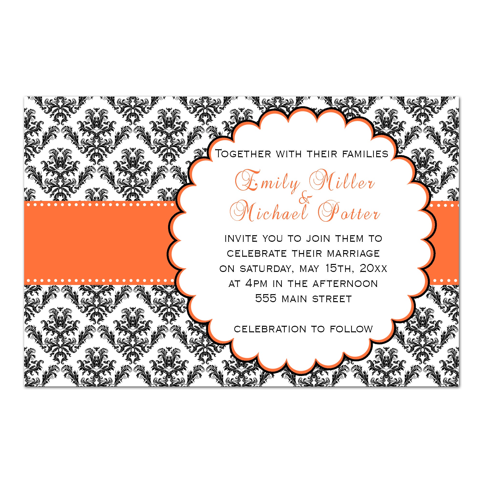 wedding invitations orange ribbon black damask printable