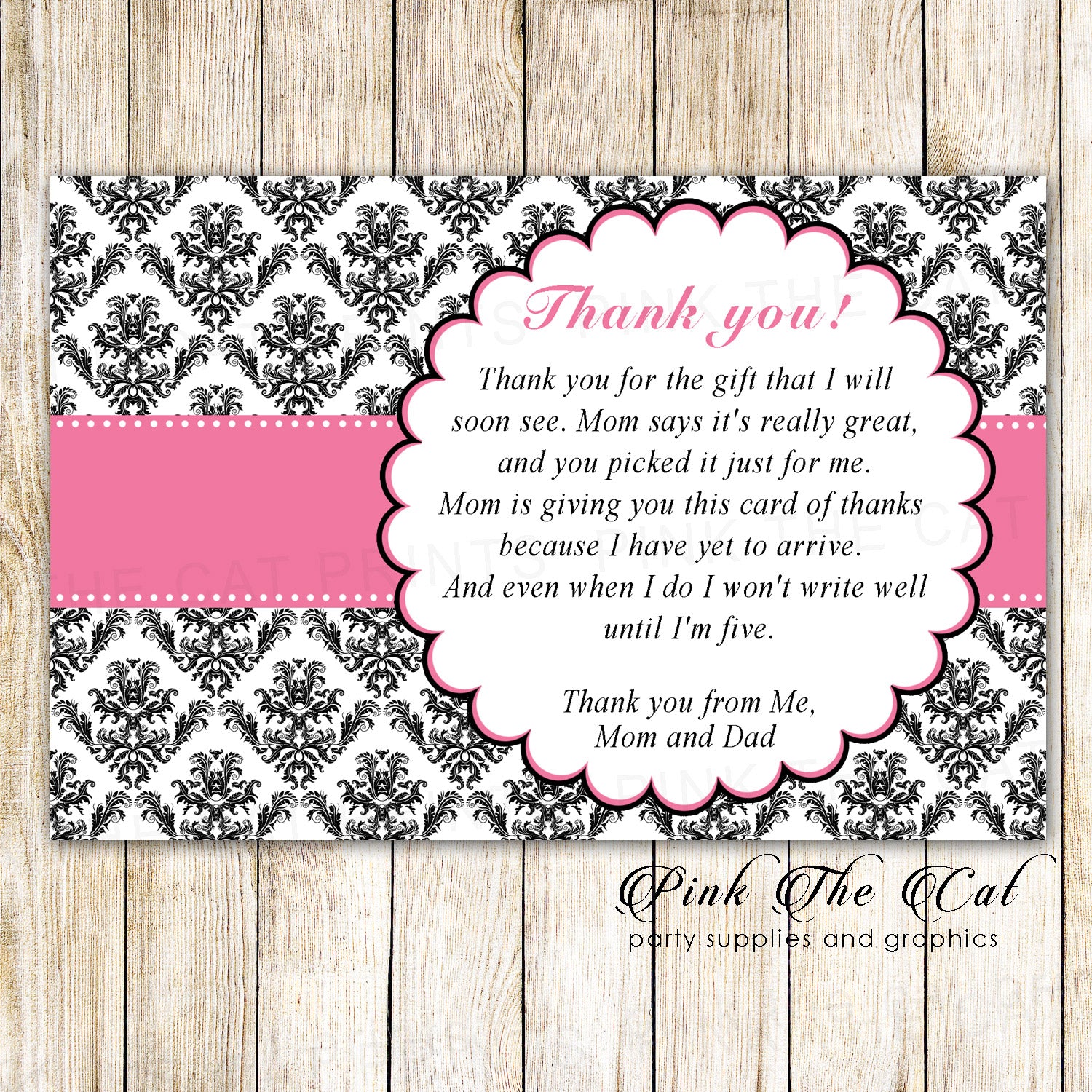 Pink ribbon black damask baby shower thank you card printable