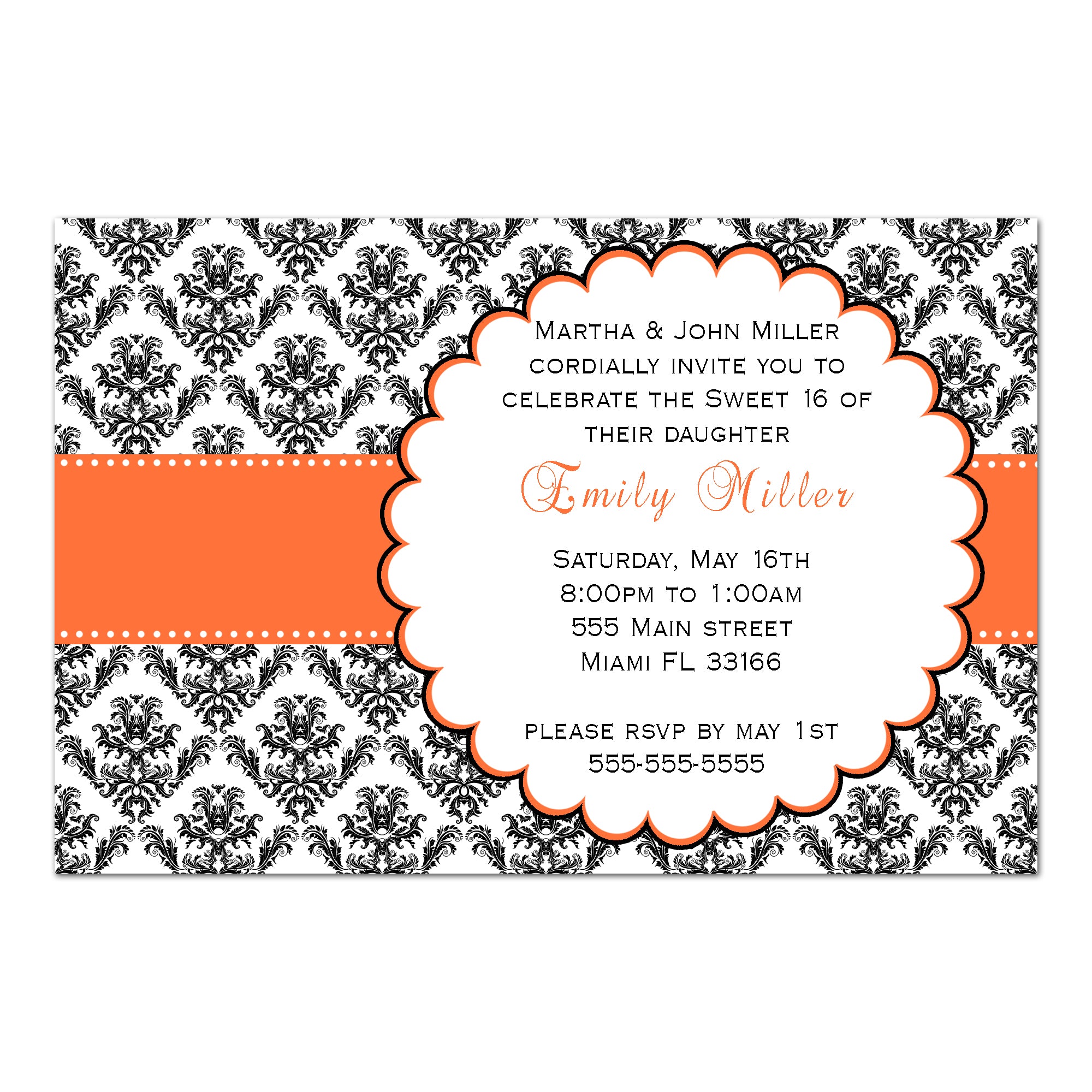 Wedding invitations orange ribbon black damask printable
