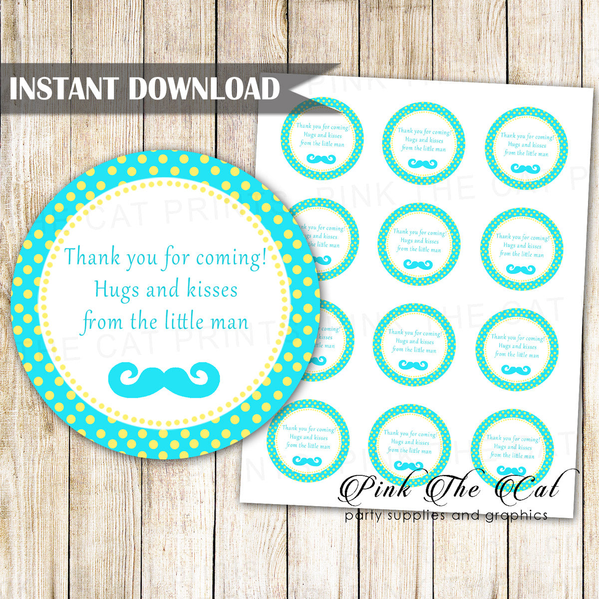 Little Man Mustache favor label sticker tag aqua yellow printable