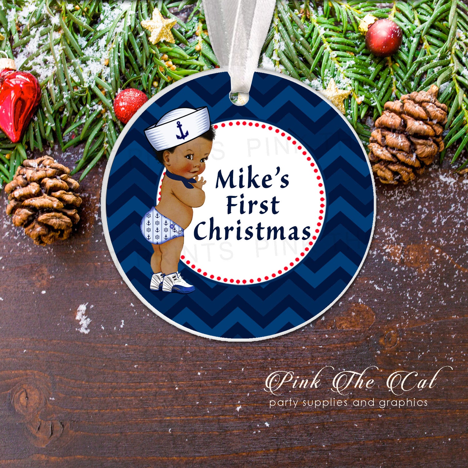 Personalized first christmas tree ornament sailor nautical