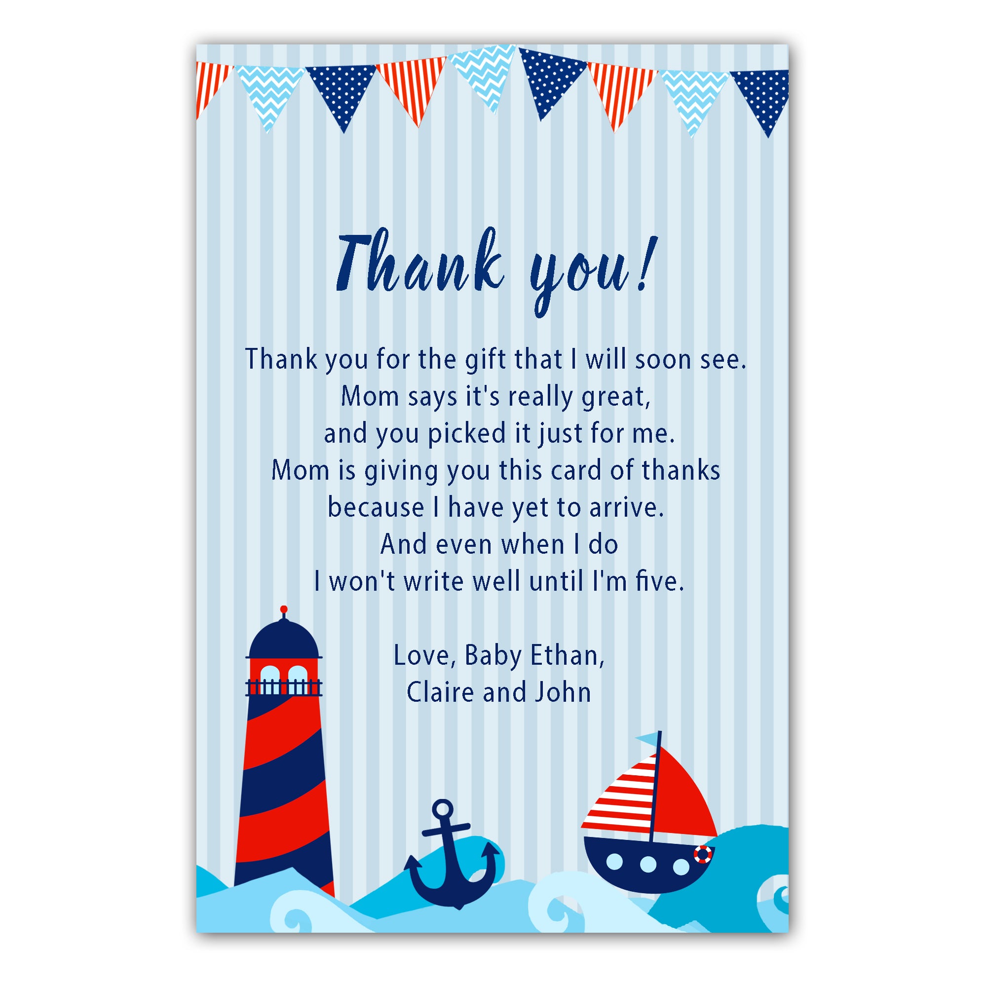 Baby shower thank you cards nautical red blue printable