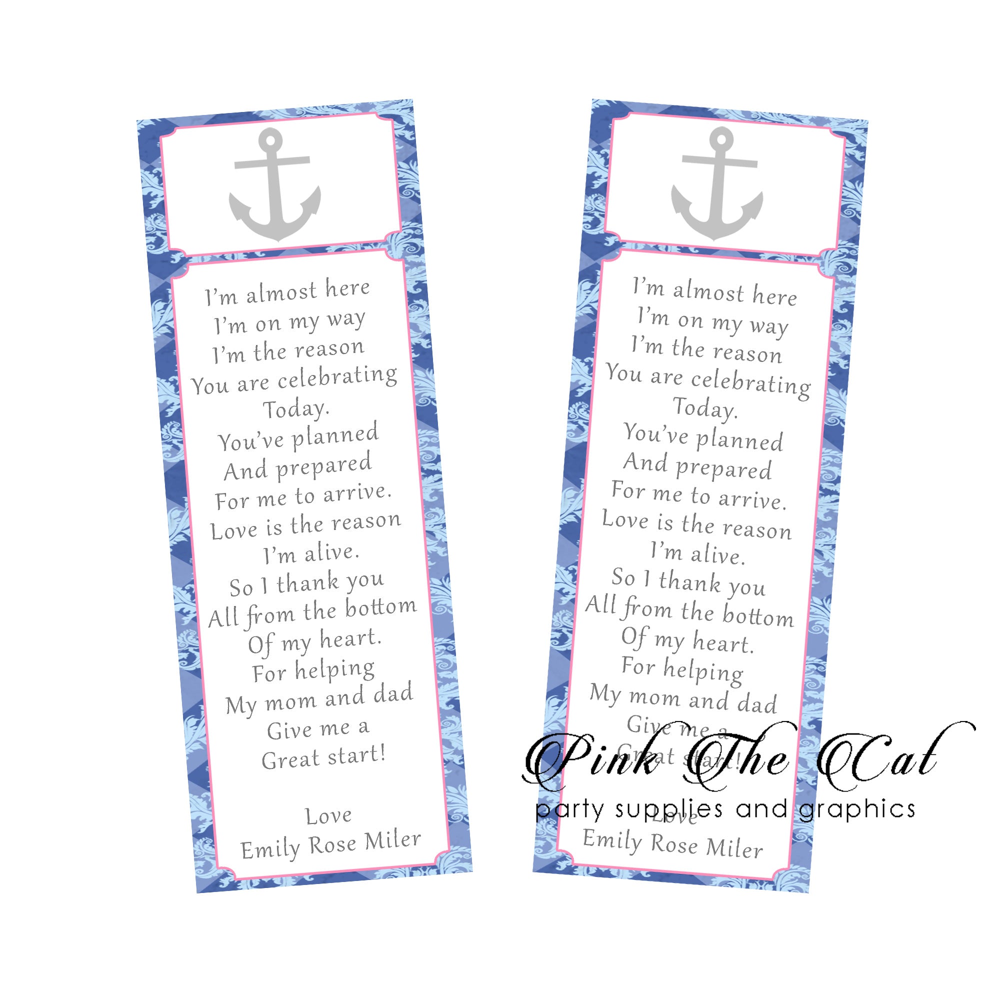 25 Nautical pink blue bookmarks girl baby shower favors