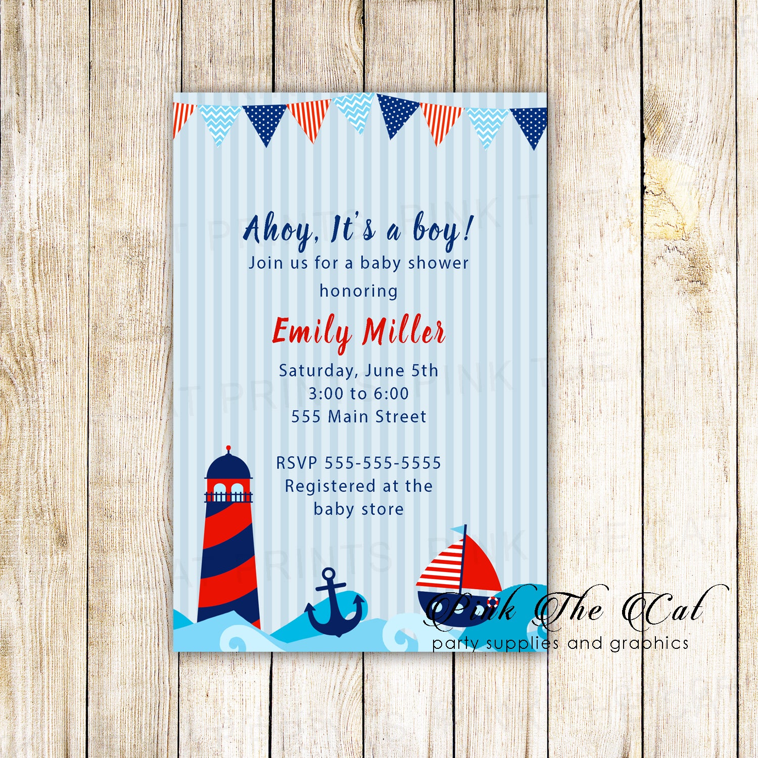 Nautical baby shower invitation sailing navy blue red printable