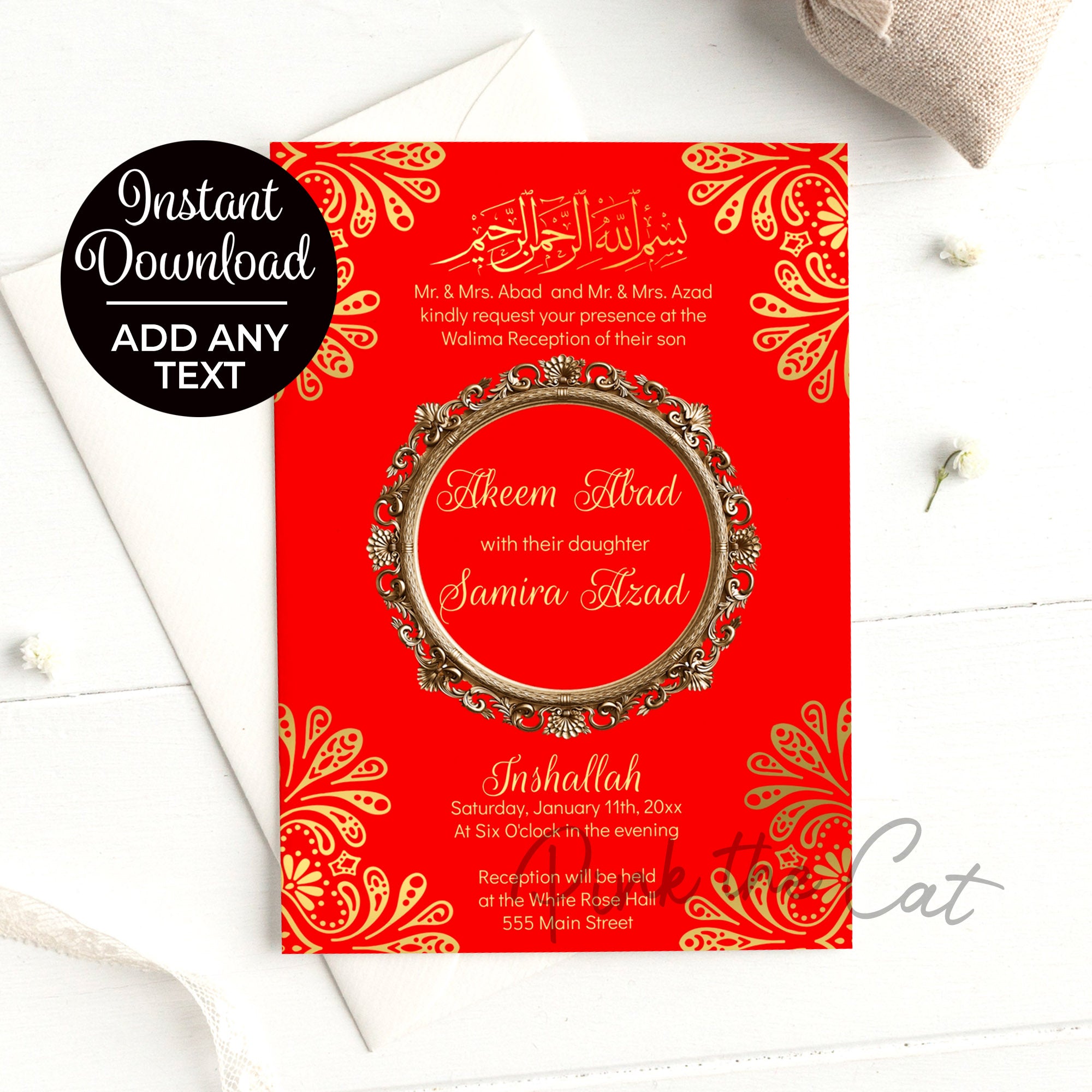Nikah walima ceremony invitations red gold