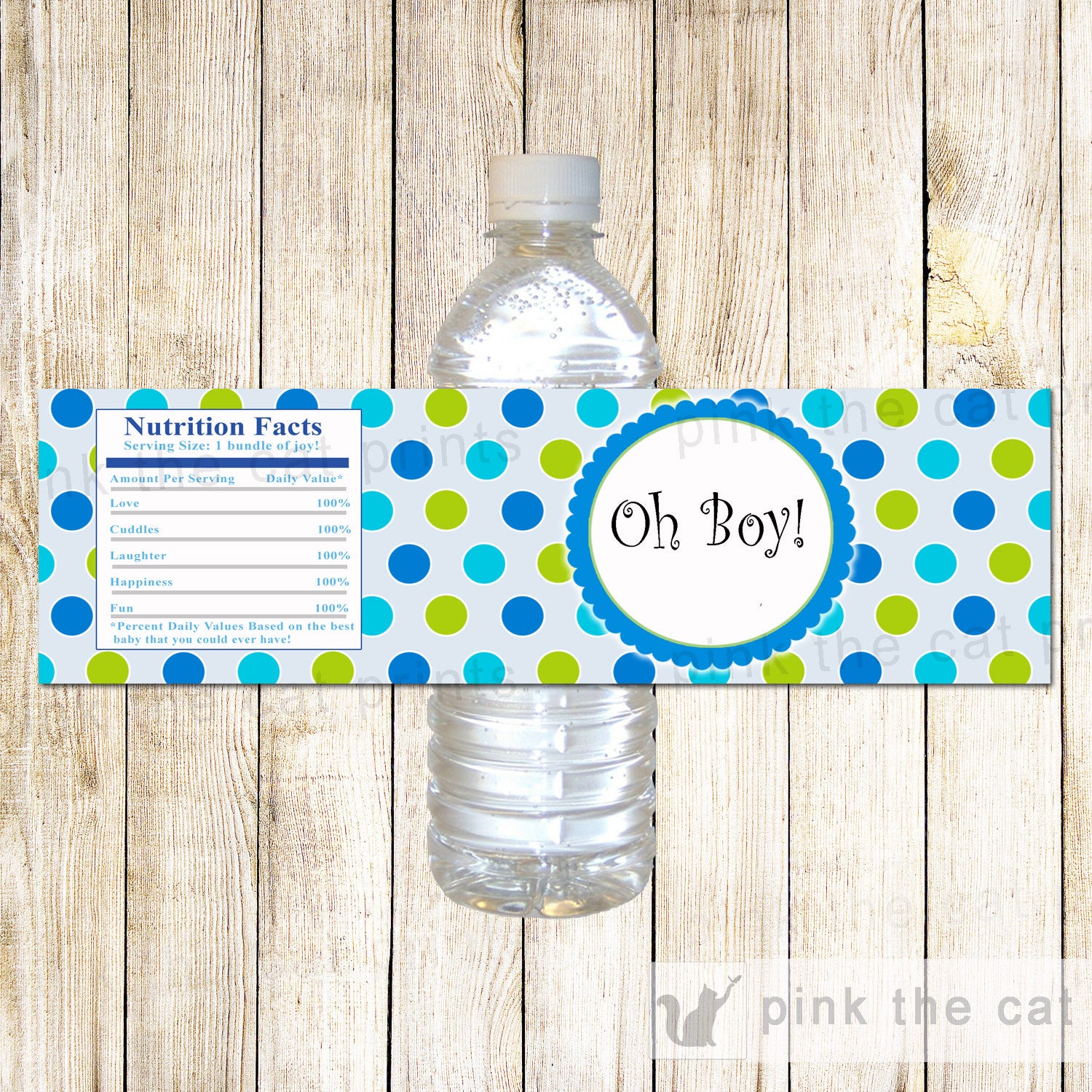 Oh Boy Baby Shower Water Bottle Label Wrapper Blue Green Polka Dots
