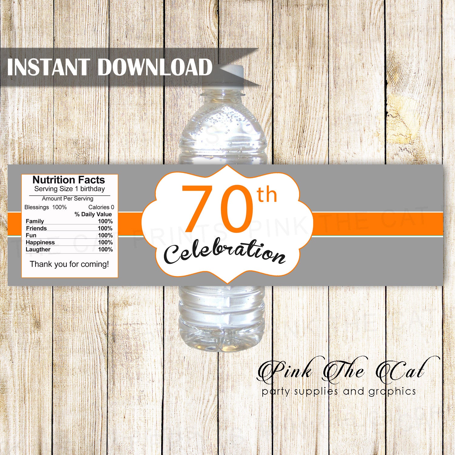 70th birthday bottle labels orange silver instant download