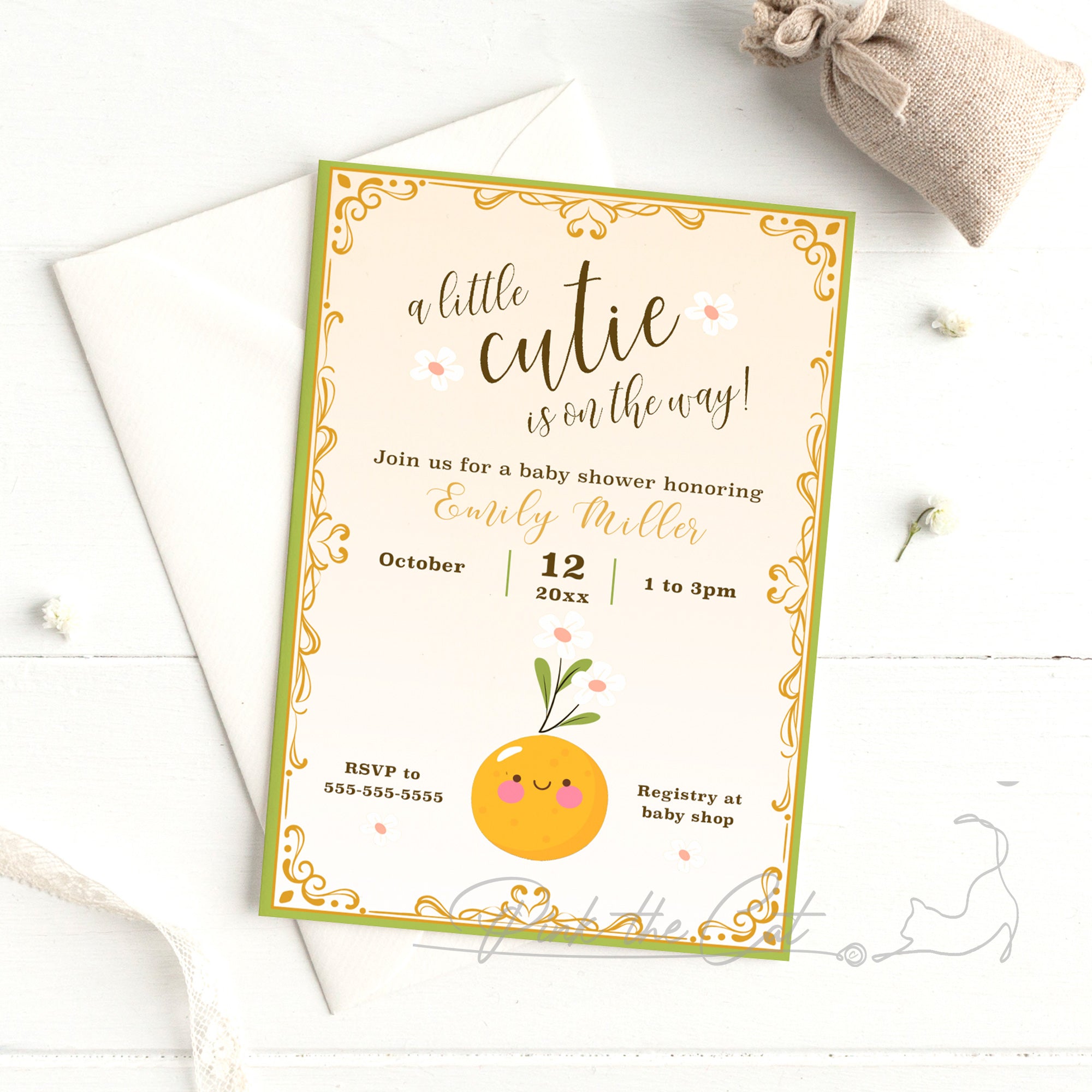 a little cutie is on the way invitation orange personalized