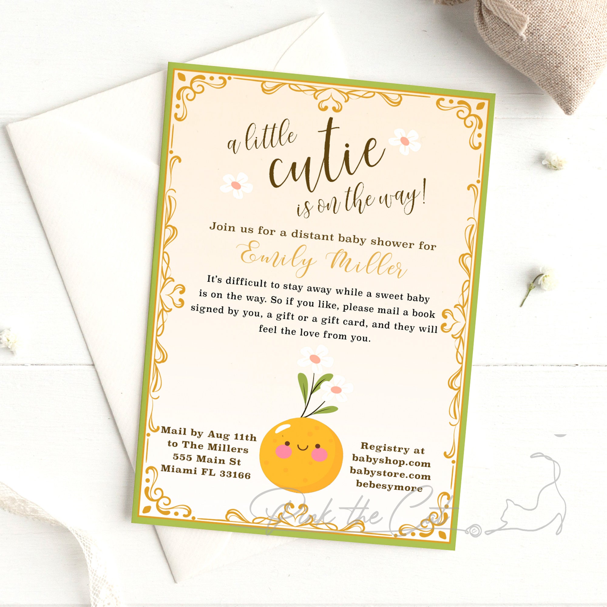 A little cutie is on the way invitation orange baby shower by mail