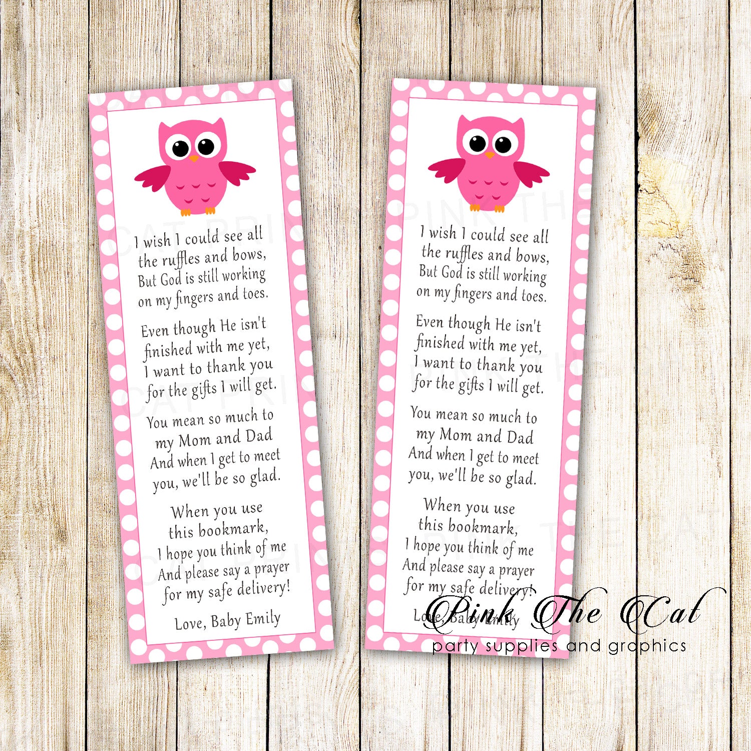 25 Pink owl bookmarks baby shower favors name personalized