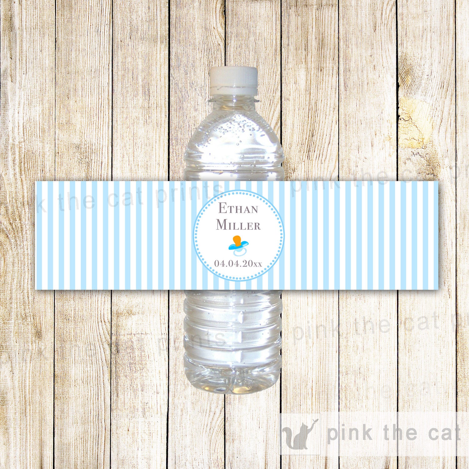 Blue Stripes Pacifier Baby Boy Shower Bottle Label