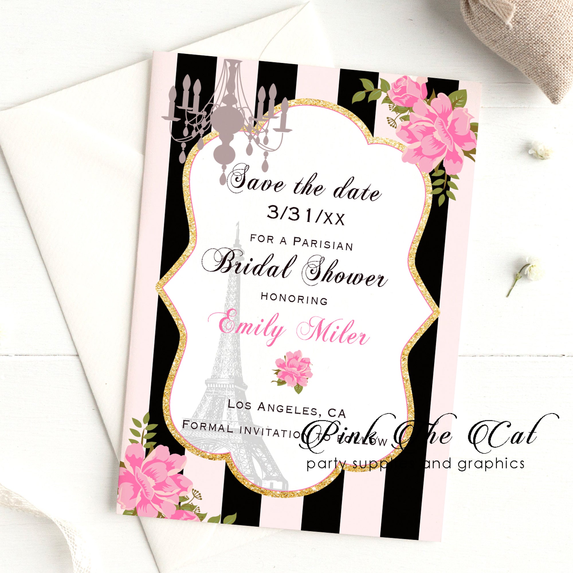 Paris chic invitations pink black bridal wedding shower printable