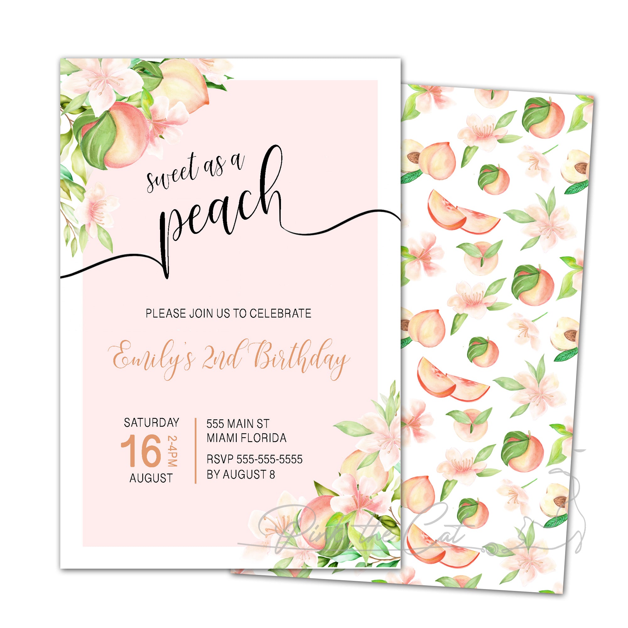 Sweet as a peach girl birthday party invitation blush pink 