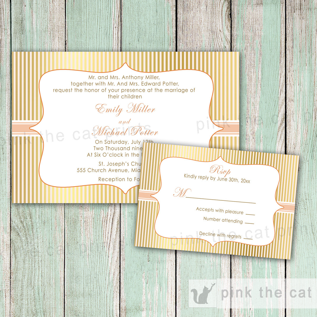 Peach Gold Rustic Wedding Invitations & RSVP Cards