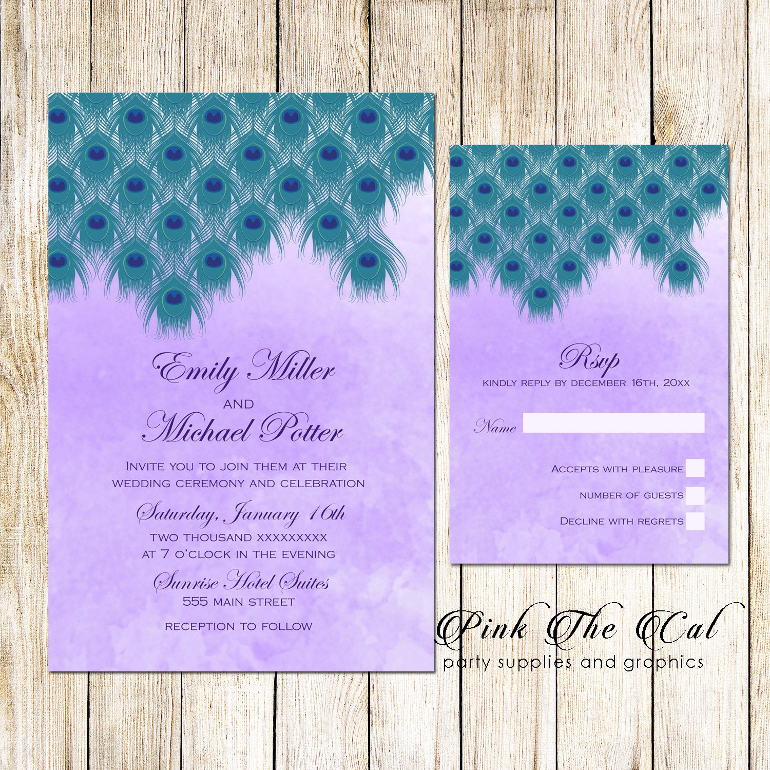100 Wedding Invitations & RSVP Cards Peacock Teal Purple