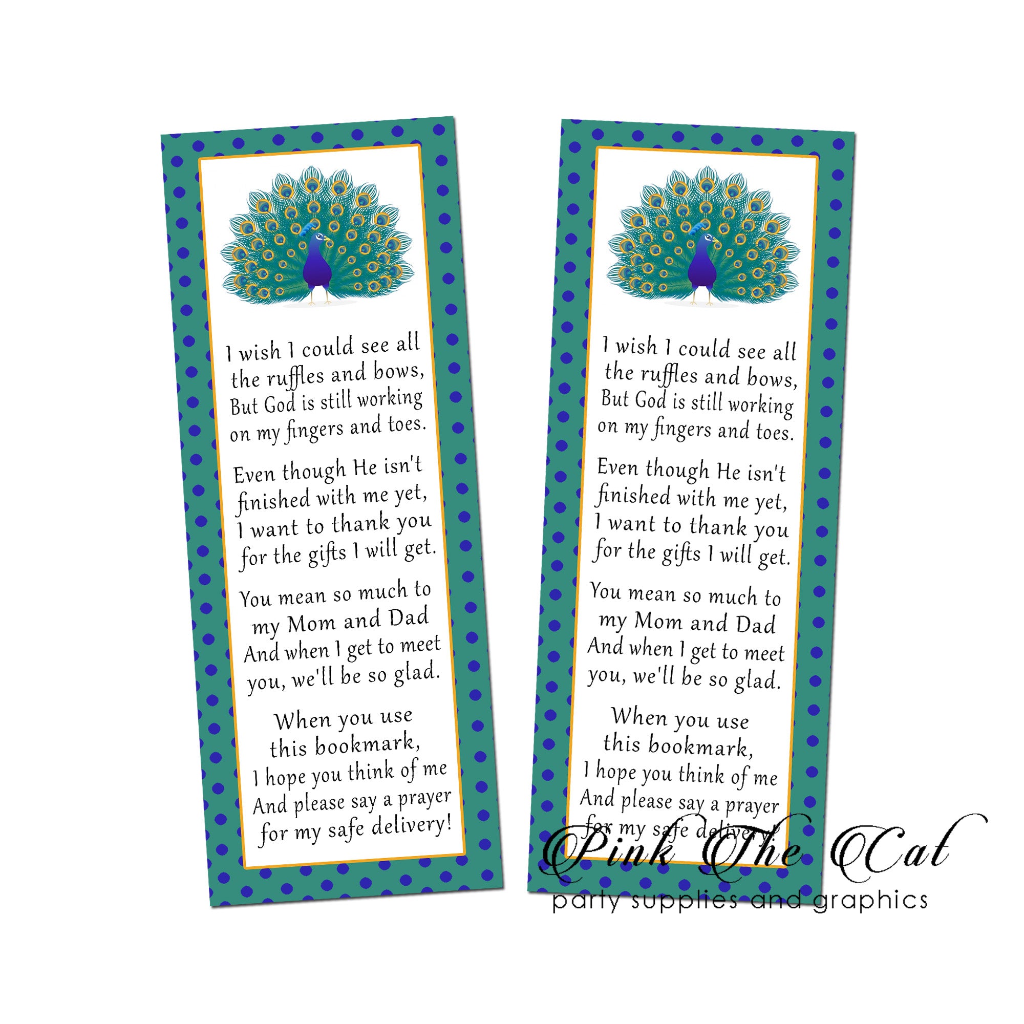 Peacock bookmarks purple teal printable baby shower favors