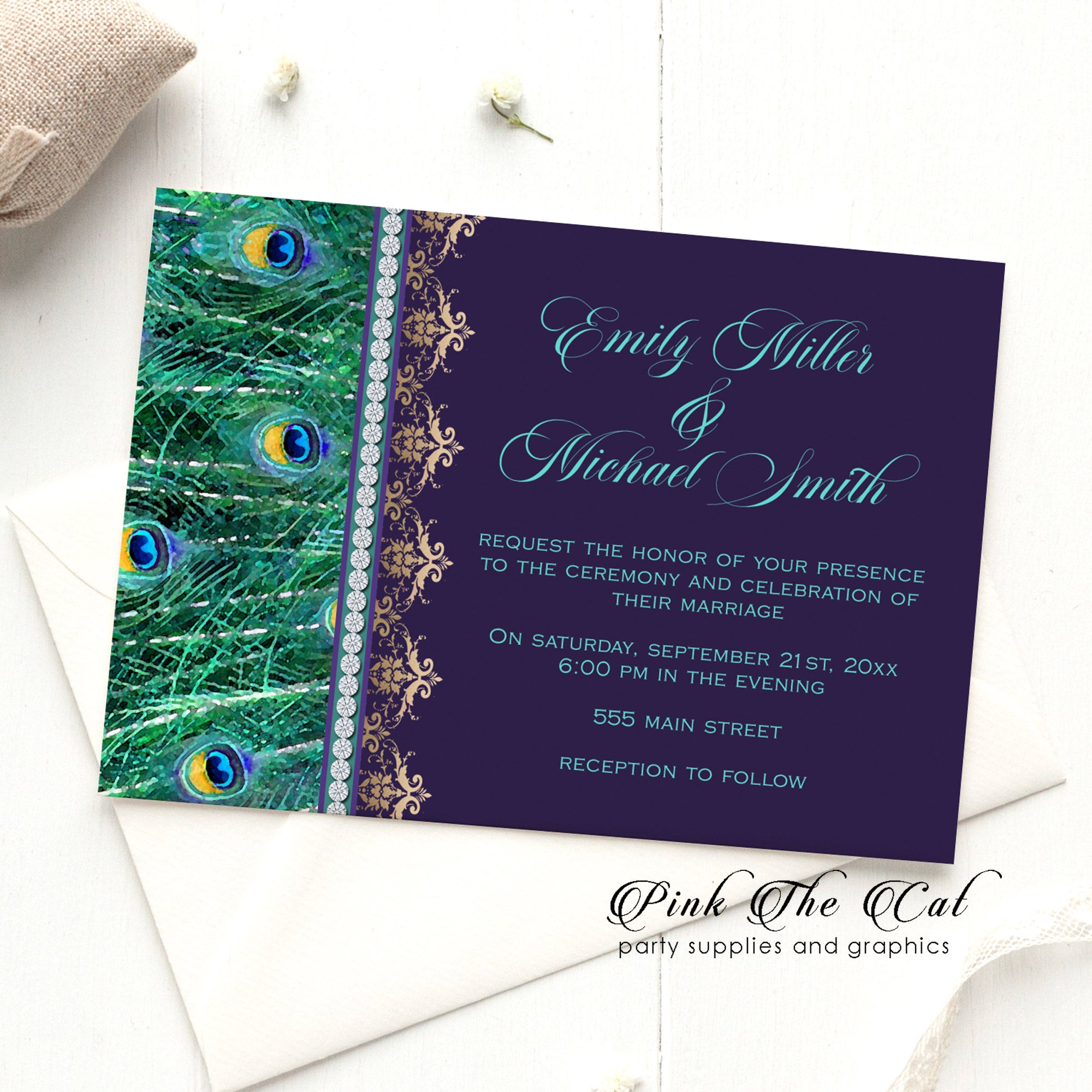 100 Peacock feathers and diamond wedding invitations with envelopes