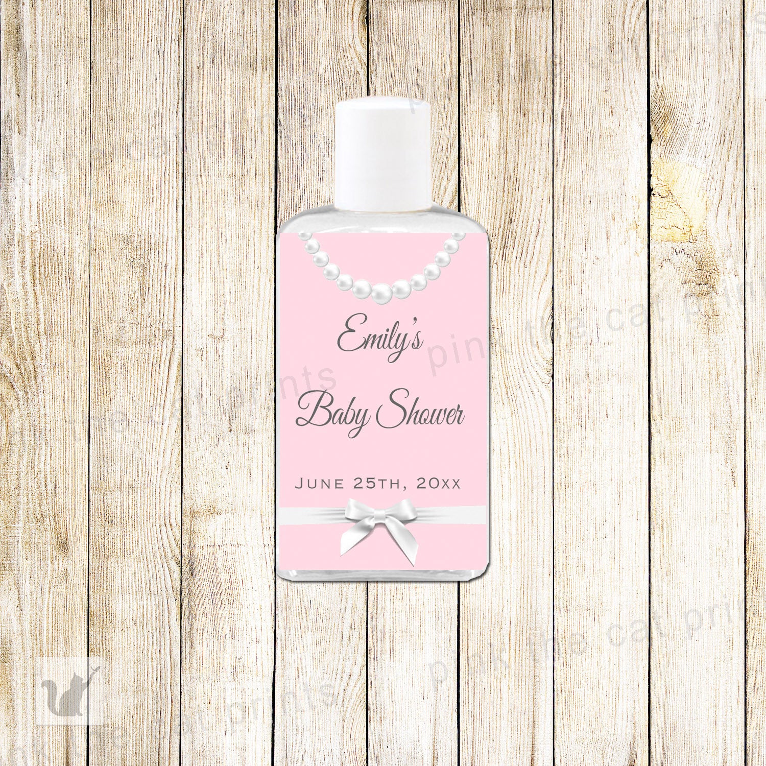 Pearls Hand Sanitizer Favor Label Pink White Ribbon Baby Girl Shower