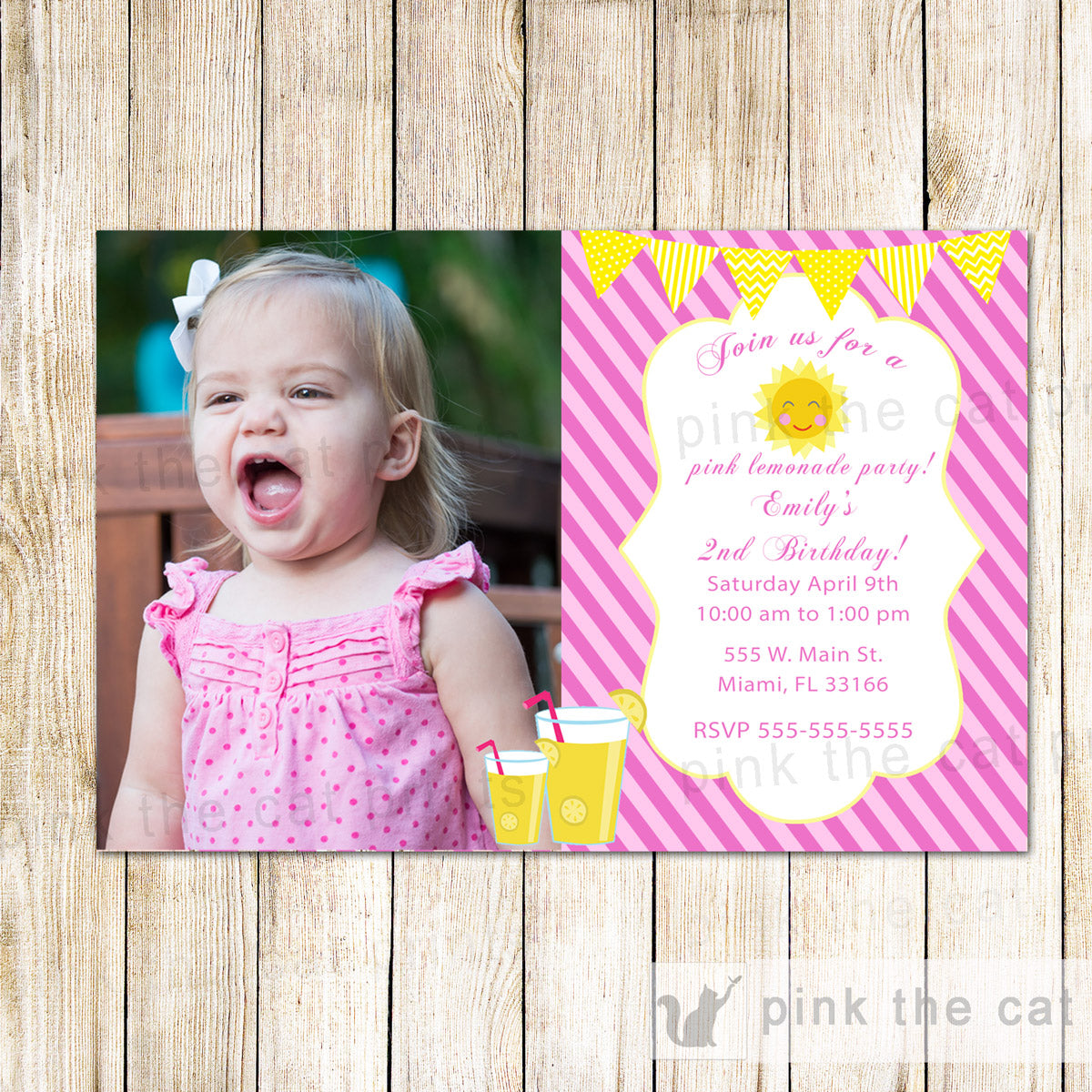 Pink Lemonade Invitation Girl Birthday Photo Card