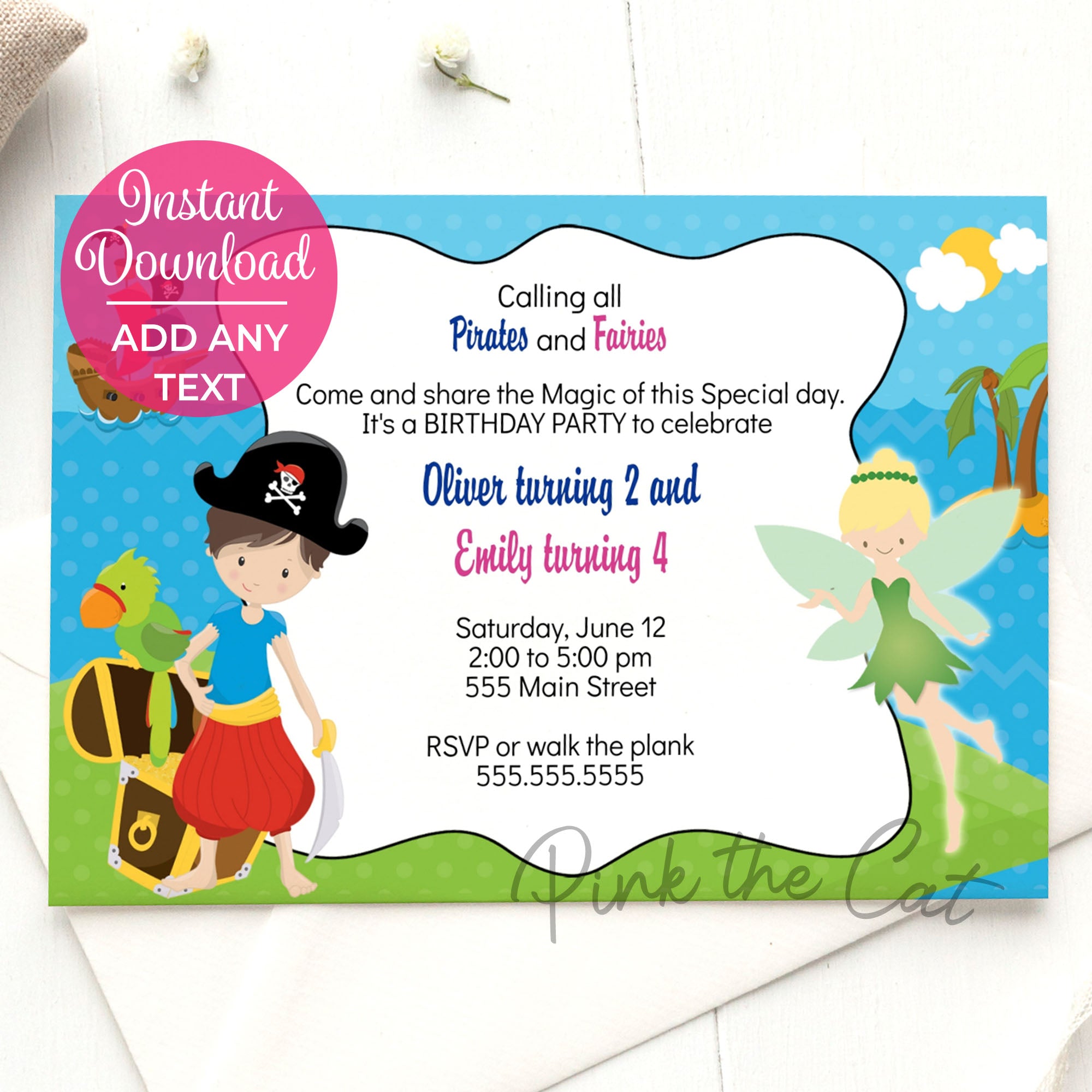 Pirate Fairy Invitation Girl Boy Birthday Party