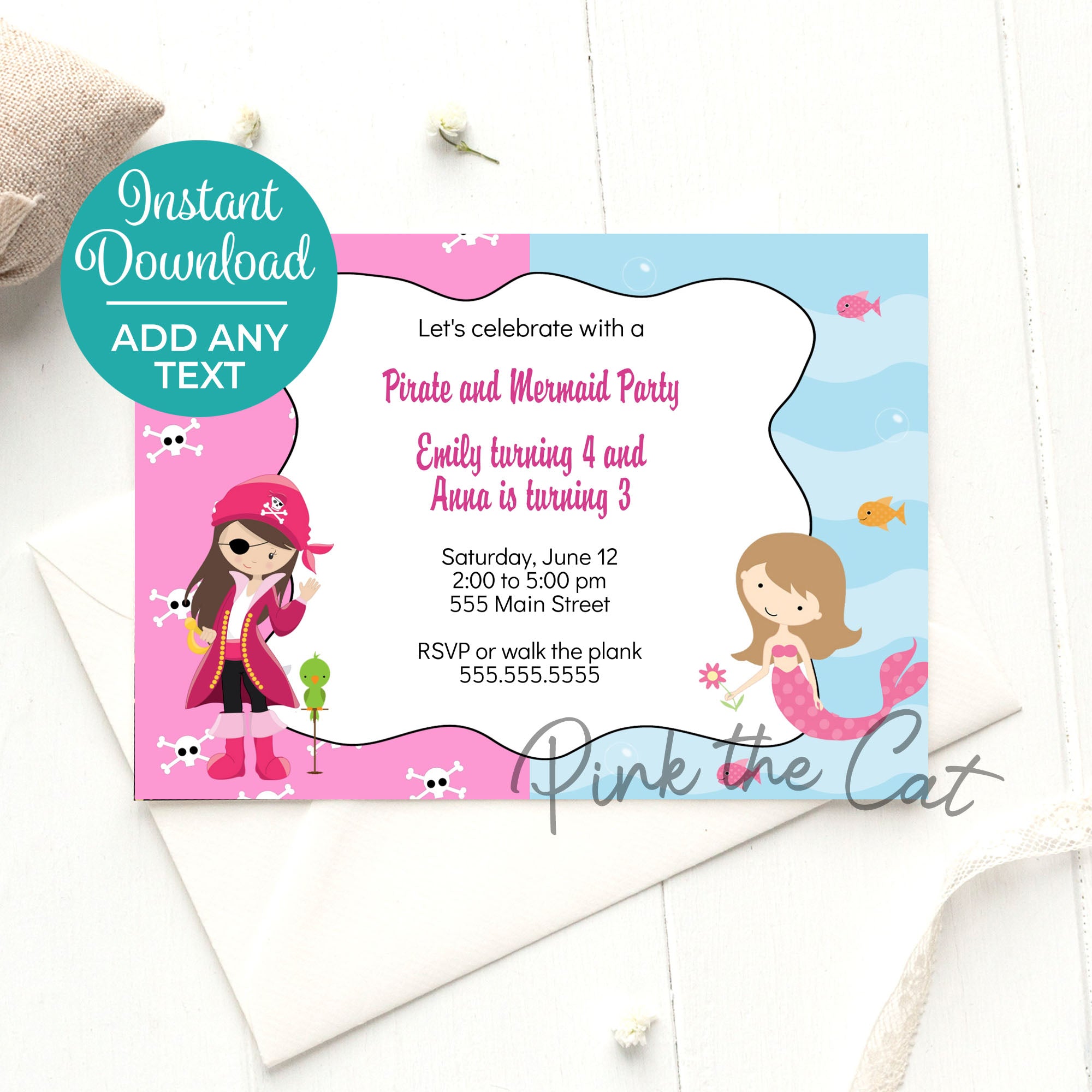 Pirate Mermaid Invitation Printable instant download for girls