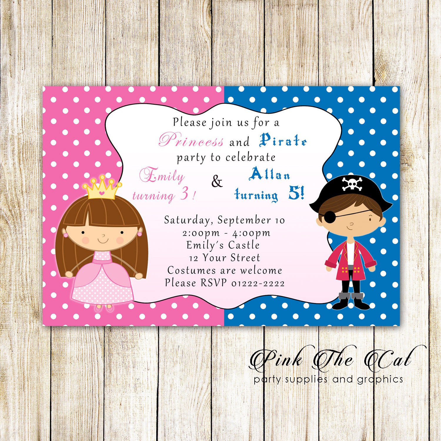 30 Invitations Pirate Princess Kids Birthday Siblings Pink Blue 