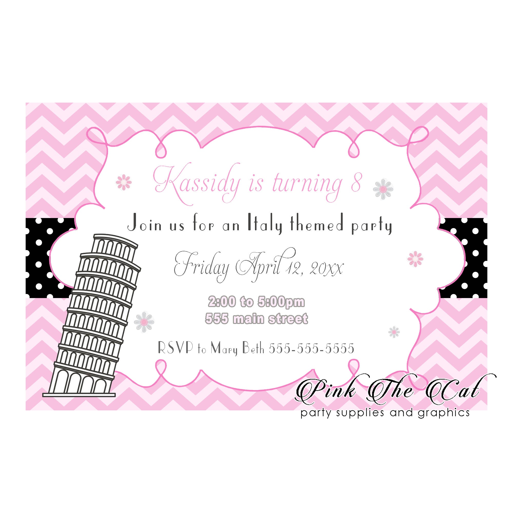 30 Pisa tower italian girl birthday party invitations pink personalized